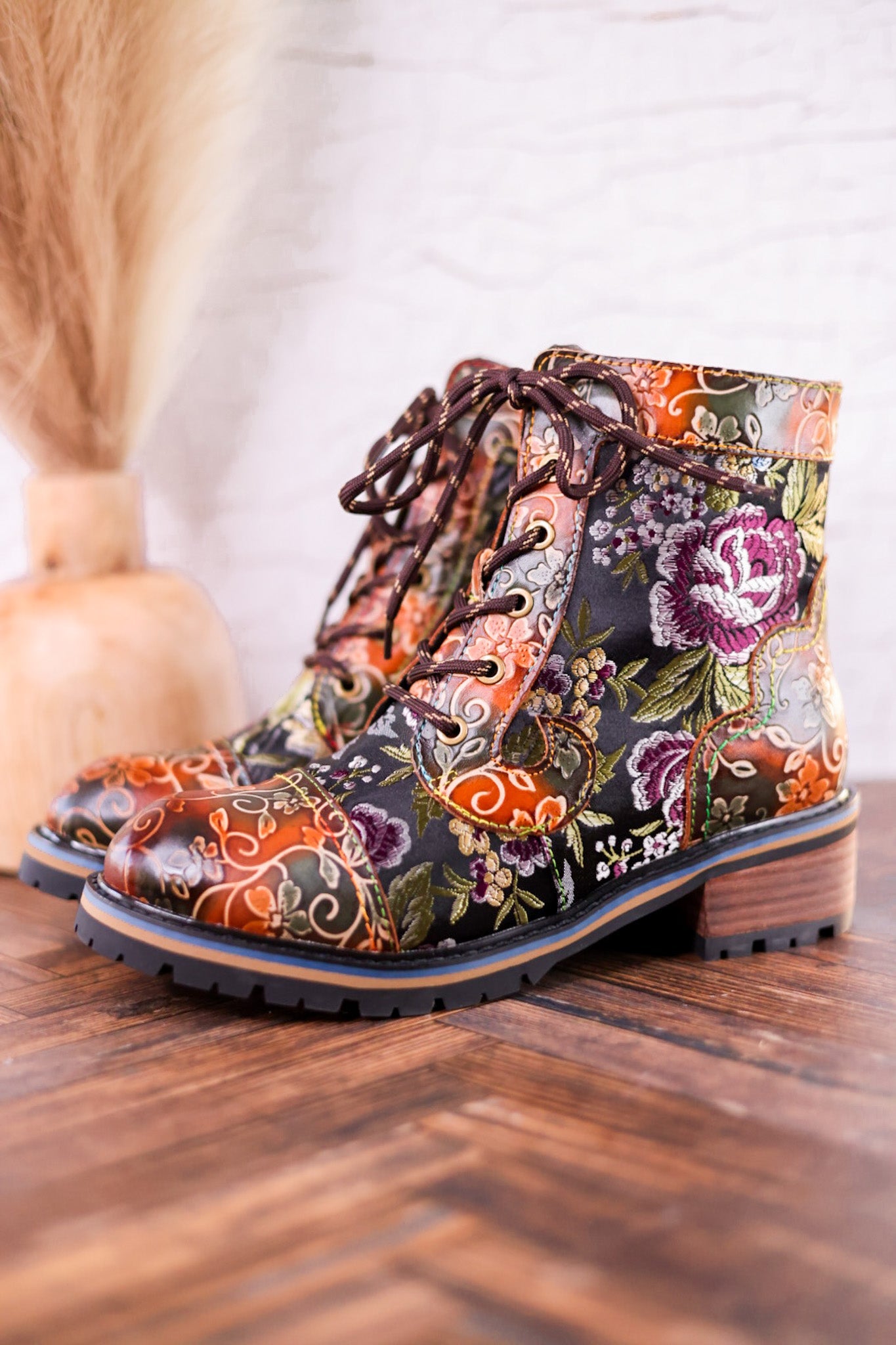 Floral Embossed Combat Boots Whiskey Skies
