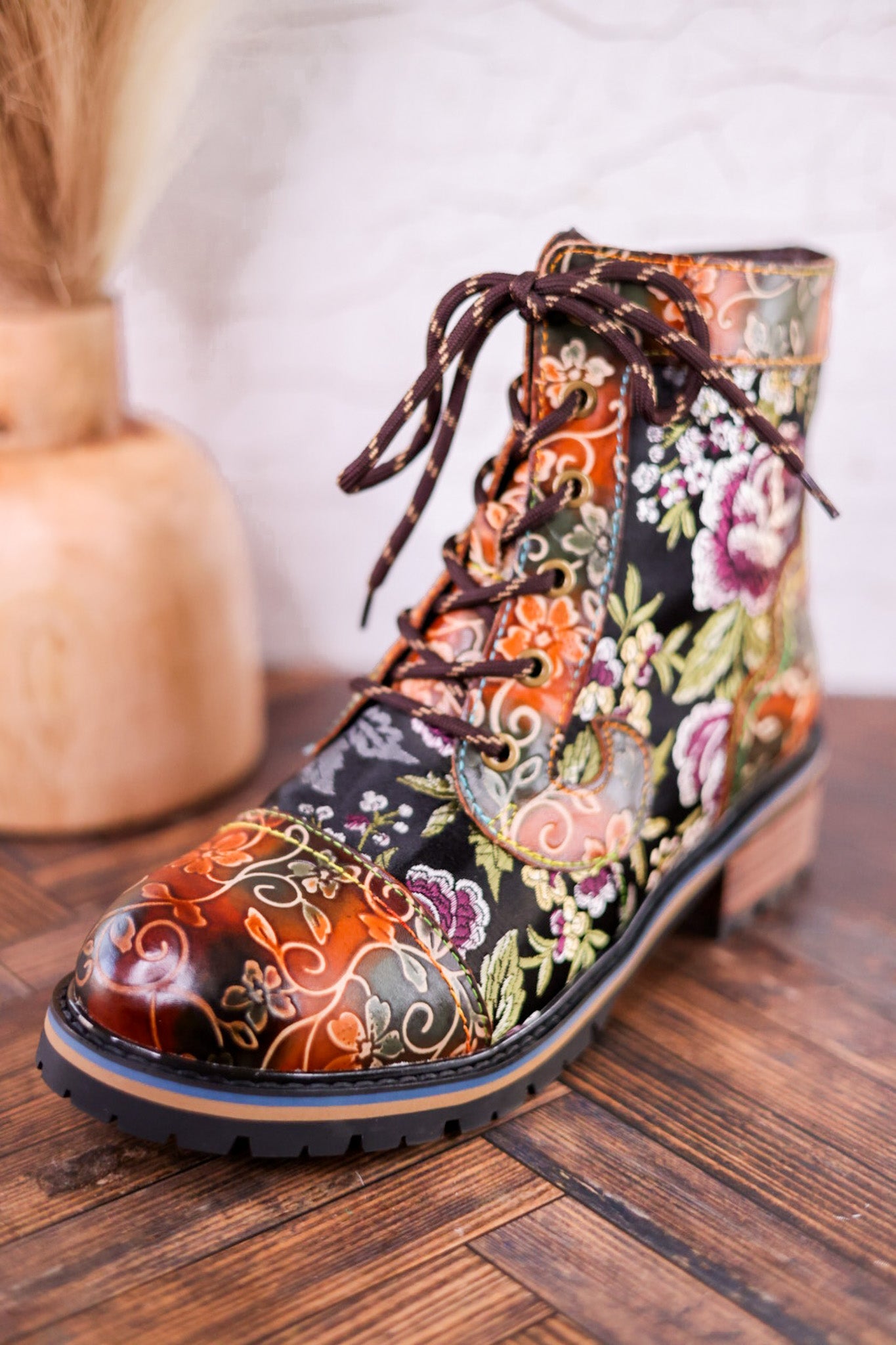 Floral Embossed Combat Boots - Whiskey Skies - SPRING FOOTWEAR