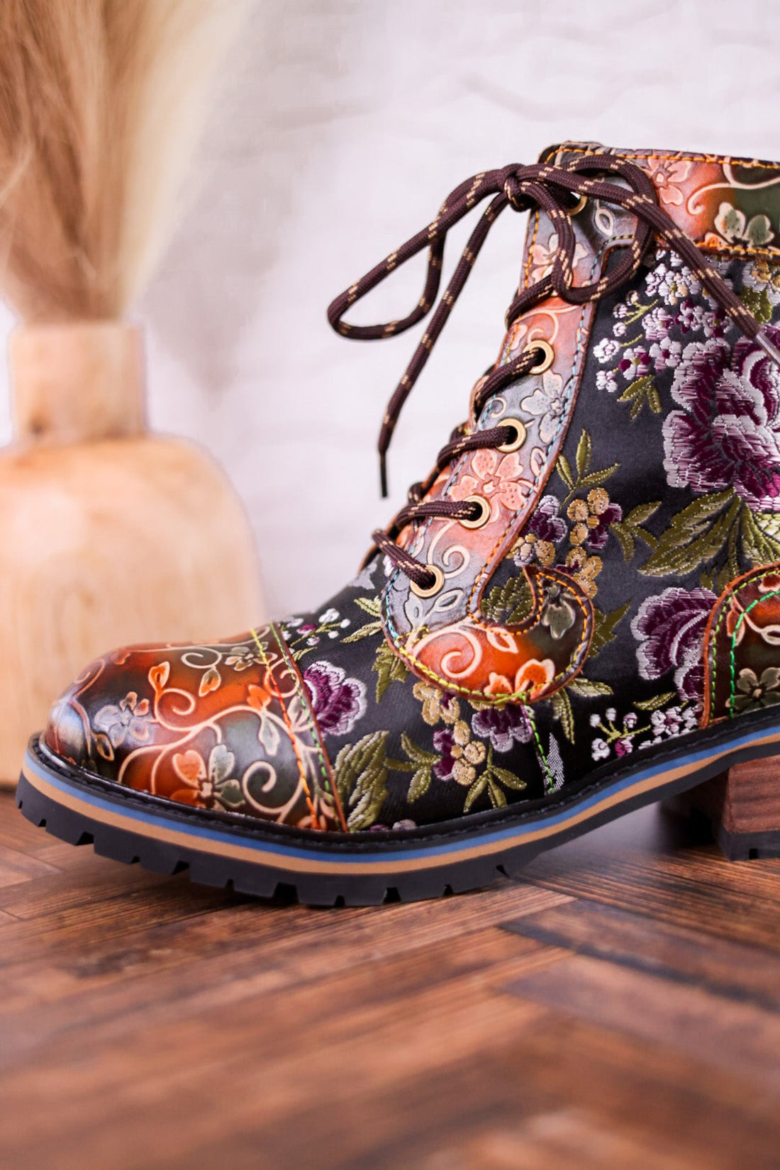 Floral Embossed Combat Boots - Whiskey Skies - SPRING FOOTWEAR