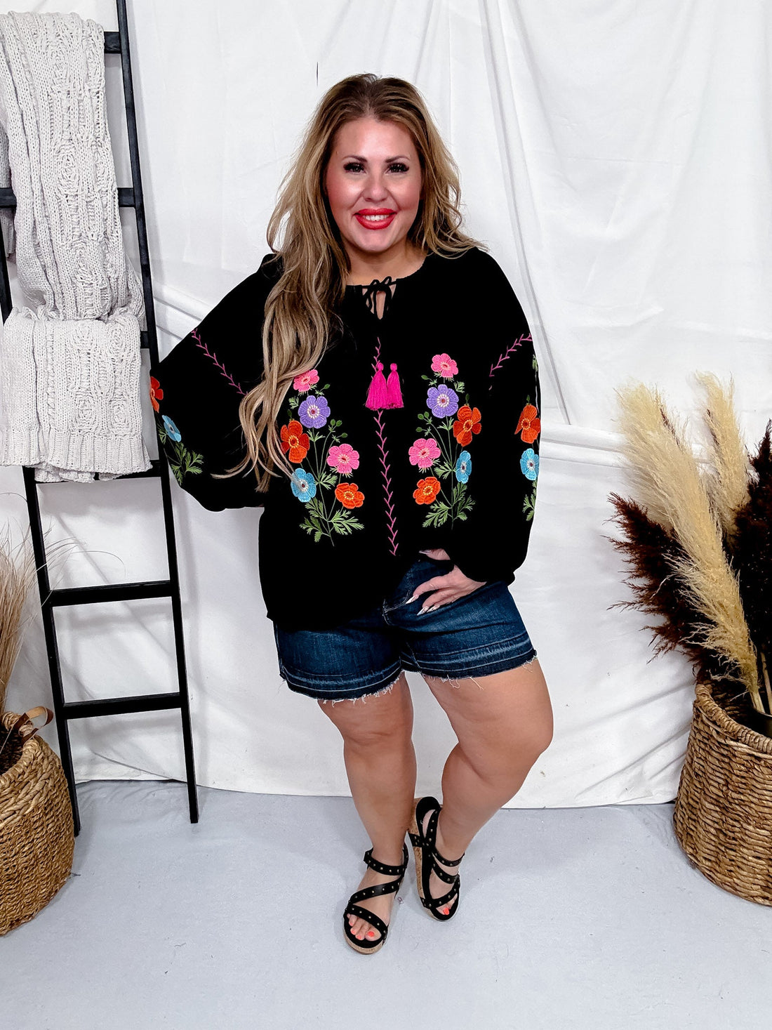 Floral Embroidered Black Babydoll Top - Whiskey Skies - EASEL