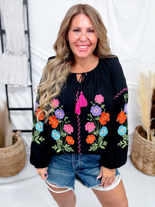 Floral Embroidered Black Babydoll Top - Whiskey Skies - EASEL