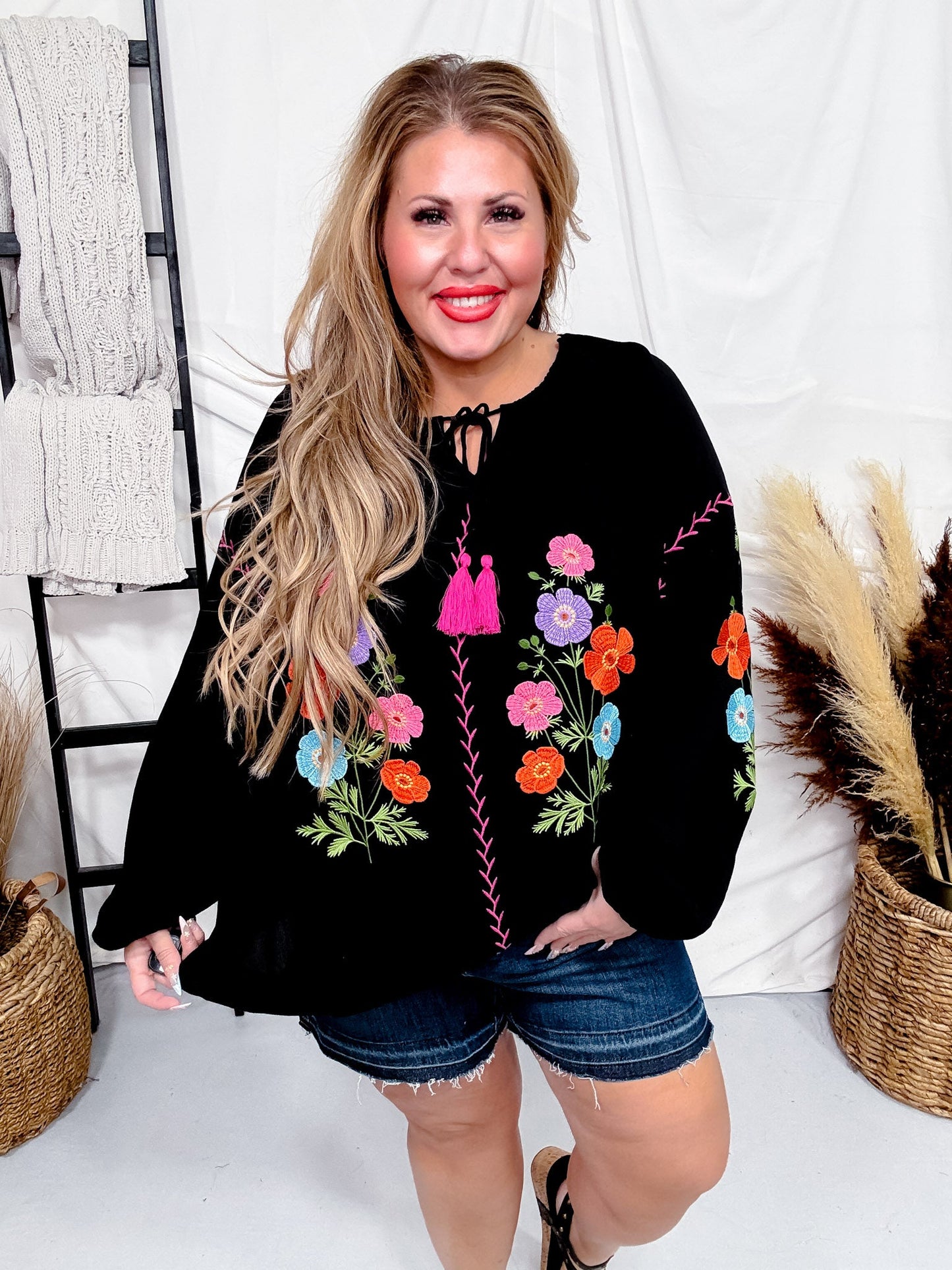 Floral Embroidered Black Babydoll Top - Whiskey Skies - EASEL