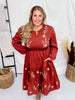 Floral Embroidered Brick Red Dress with Smocked Waist - Whiskey Skies - HAYDEN