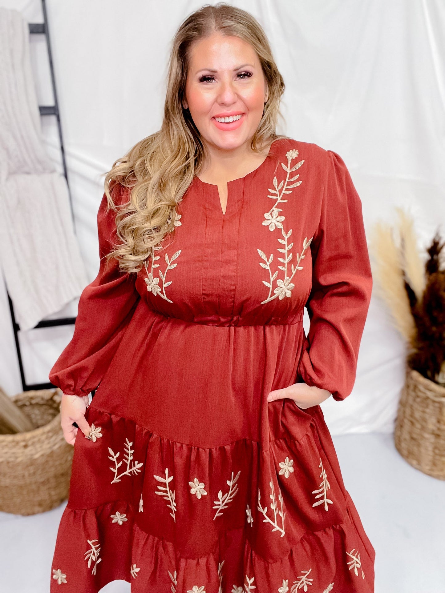 Floral Embroidered Brick Red Dress with Smocked Waist - Whiskey Skies - HAYDEN