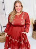 Floral Embroidered Brick Red Dress with Smocked Waist - Whiskey Skies - HAYDEN
