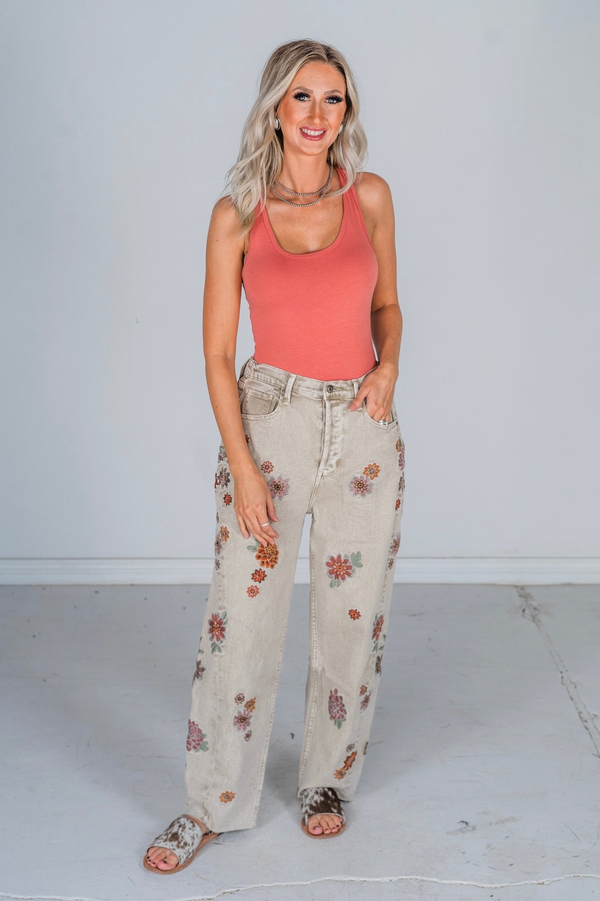 Floral Embroidered Grey Jeans - Whiskey Skies - OLI & HALI