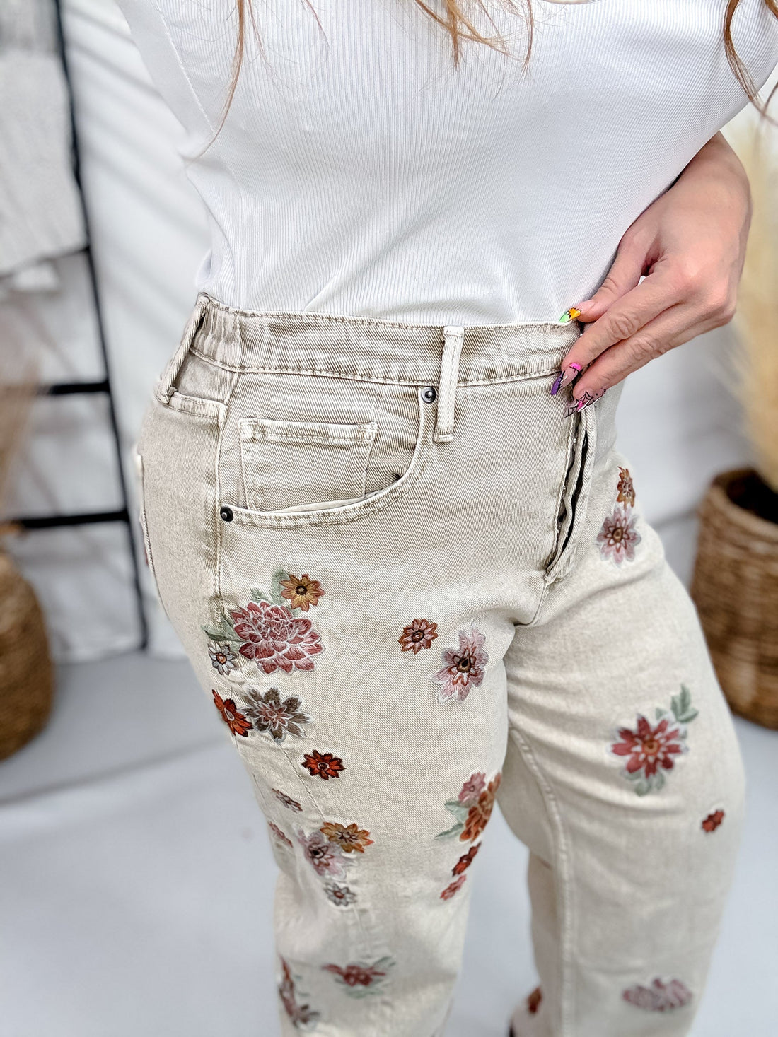 Floral Embroidered Grey Jeans - Whiskey Skies - OLI & HALI