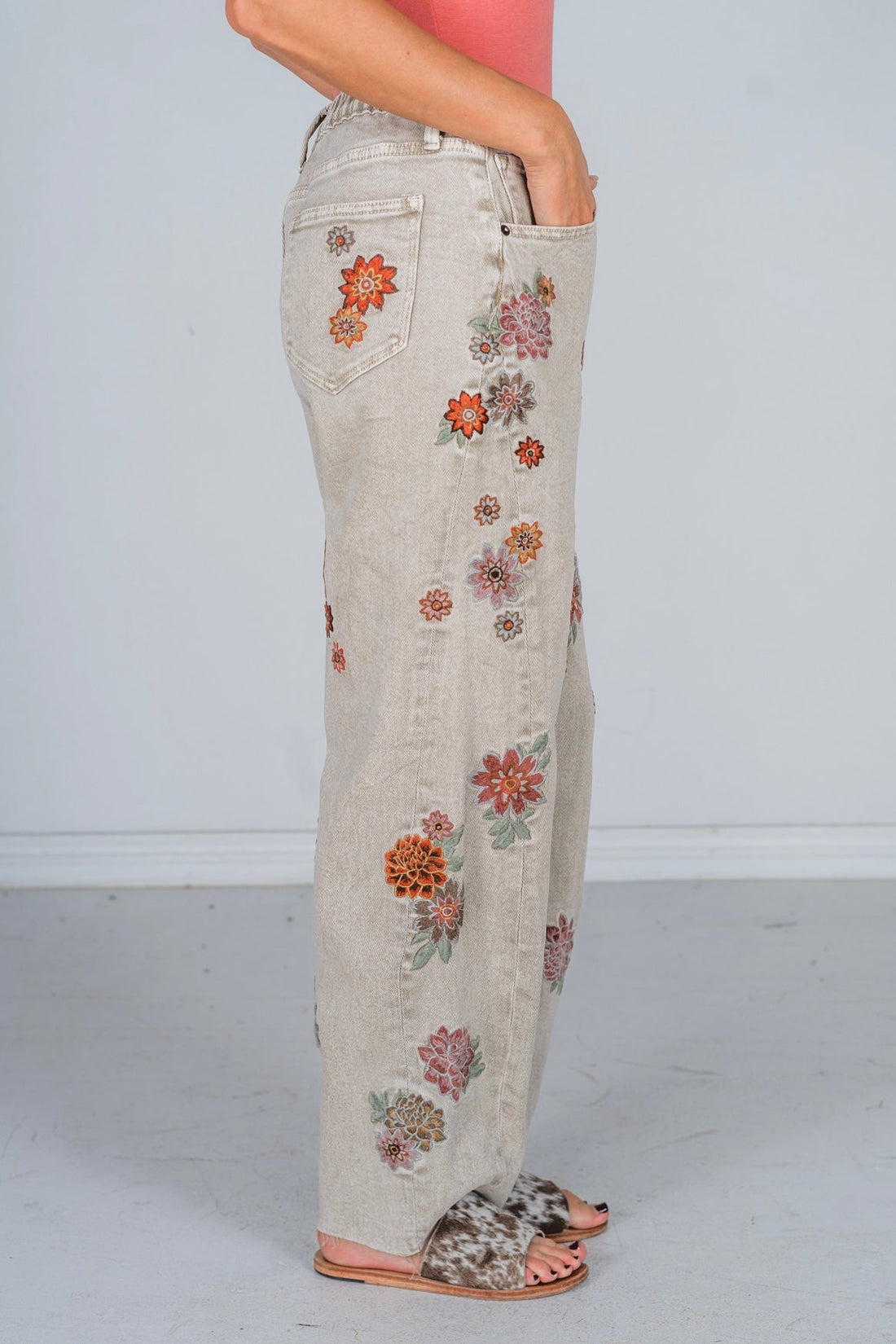 Floral Embroidered Grey Jeans - Whiskey Skies - OLI & HALI