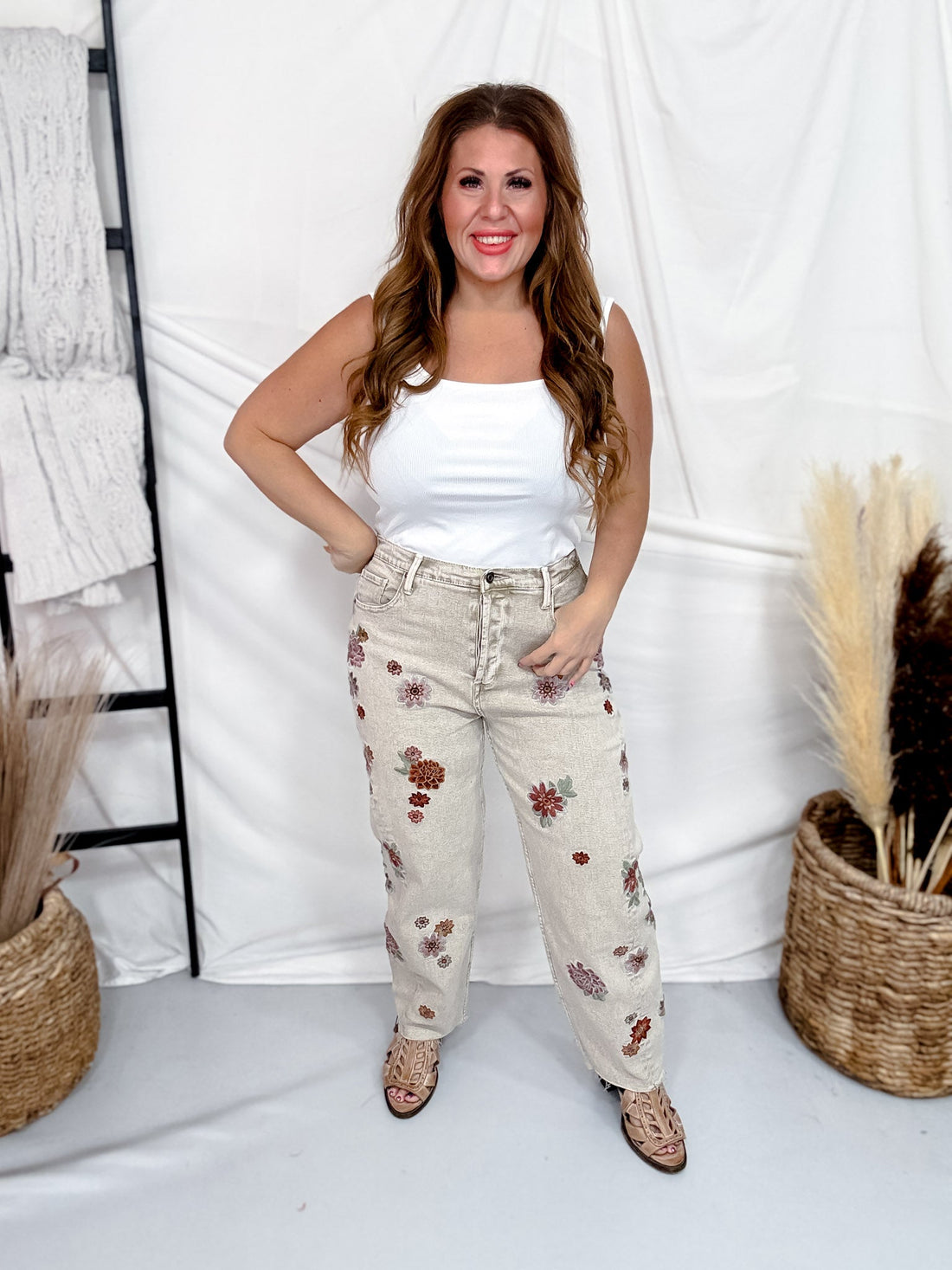 Floral Embroidered Grey Jeans - Whiskey Skies - OLI & HALI