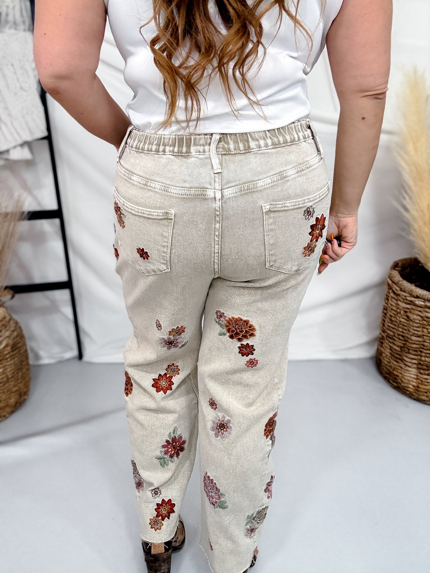 Floral Embroidered Grey Jeans - Whiskey Skies - OLI & HALI