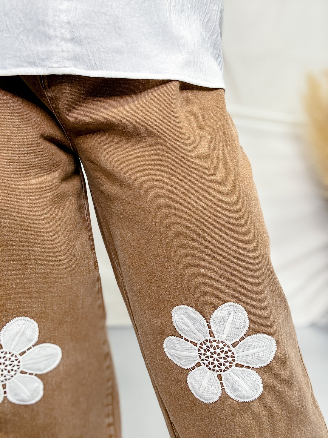 Floral Embroidered Knee Wide Leg Pants - Whiskey Skies - J.NNA