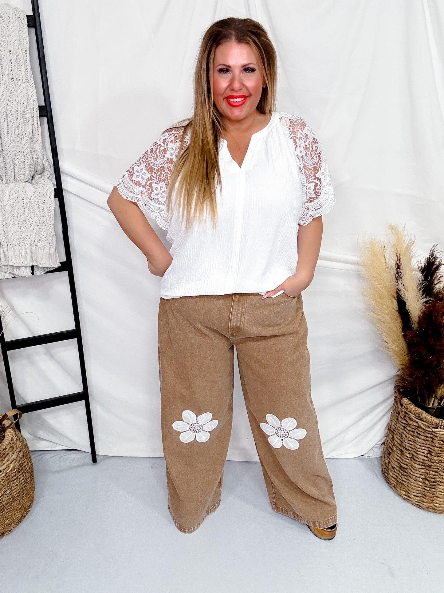 Floral Embroidered Knee Wide Leg Pants - Whiskey Skies - J.NNA