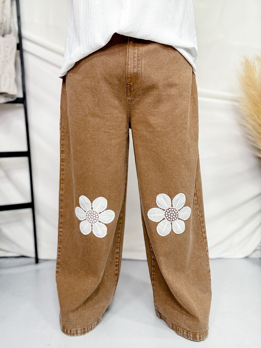 Floral Embroidered Knee Wide Leg Pants - Whiskey Skies - J.NNA