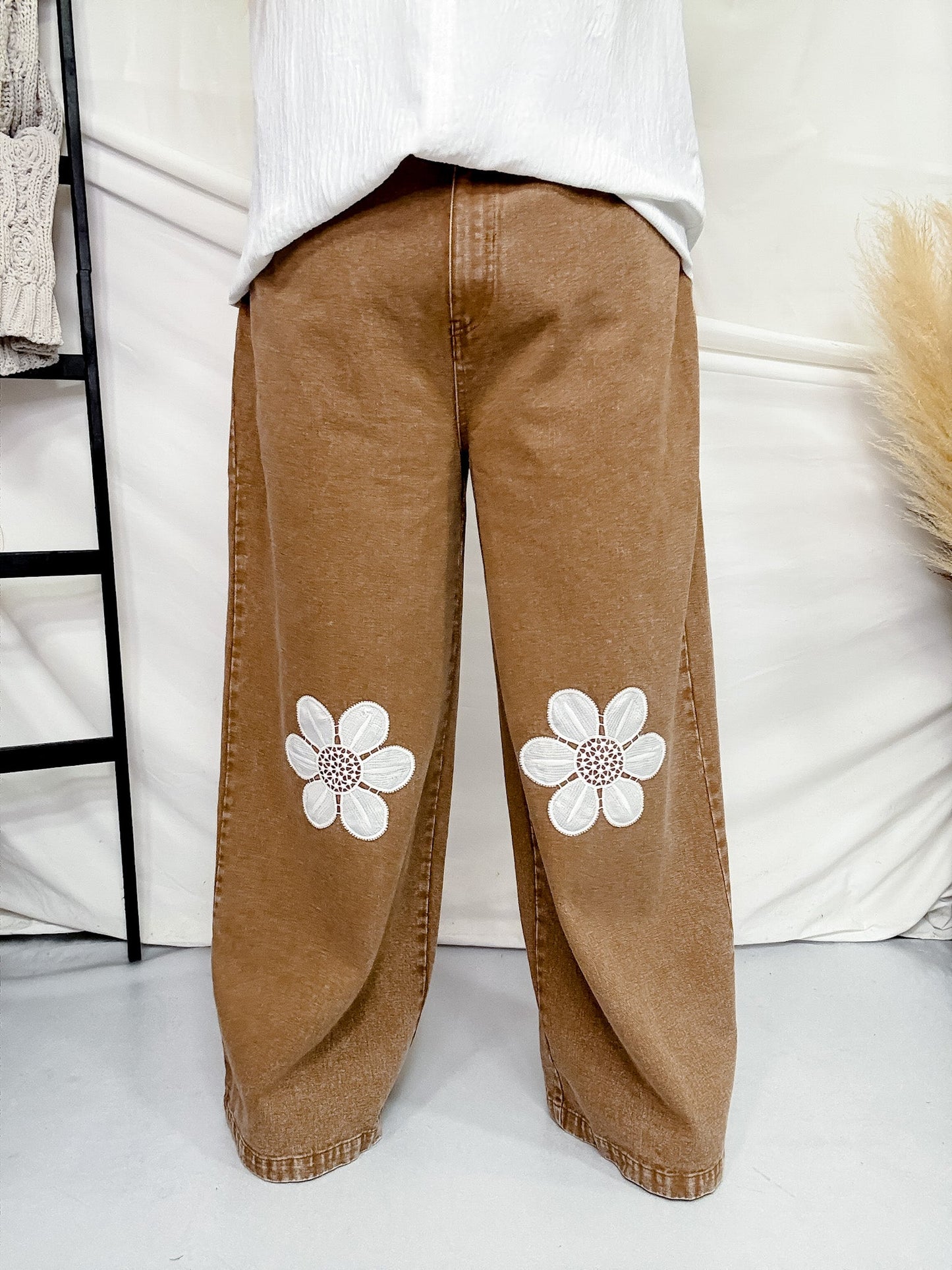 Floral Embroidered Knee Wide Leg Pants - Whiskey Skies - J.NNA