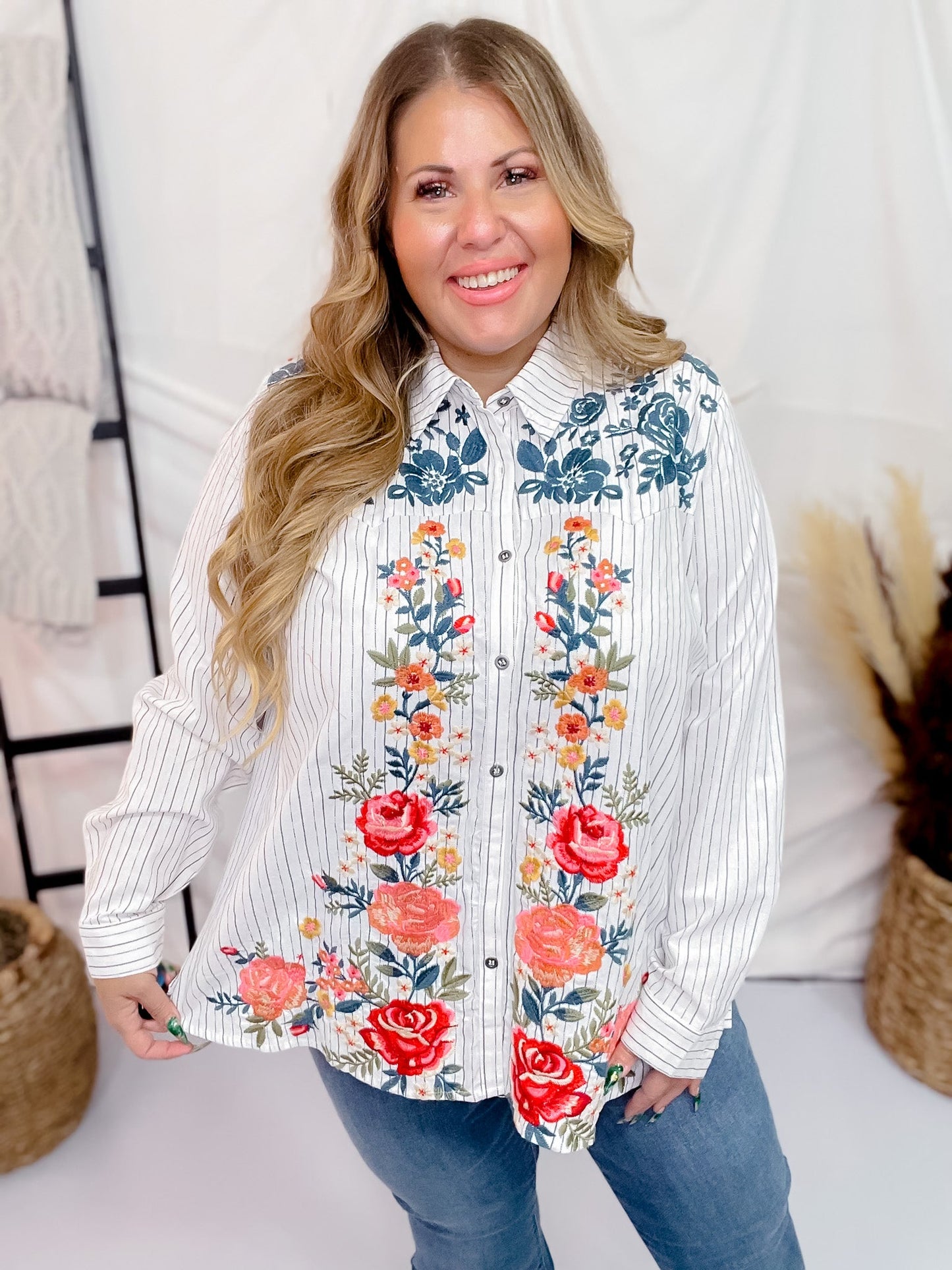 Floral Embroidered Long Sleeve Button Front Top - Whiskey Skies - ANDREE BY UNIT