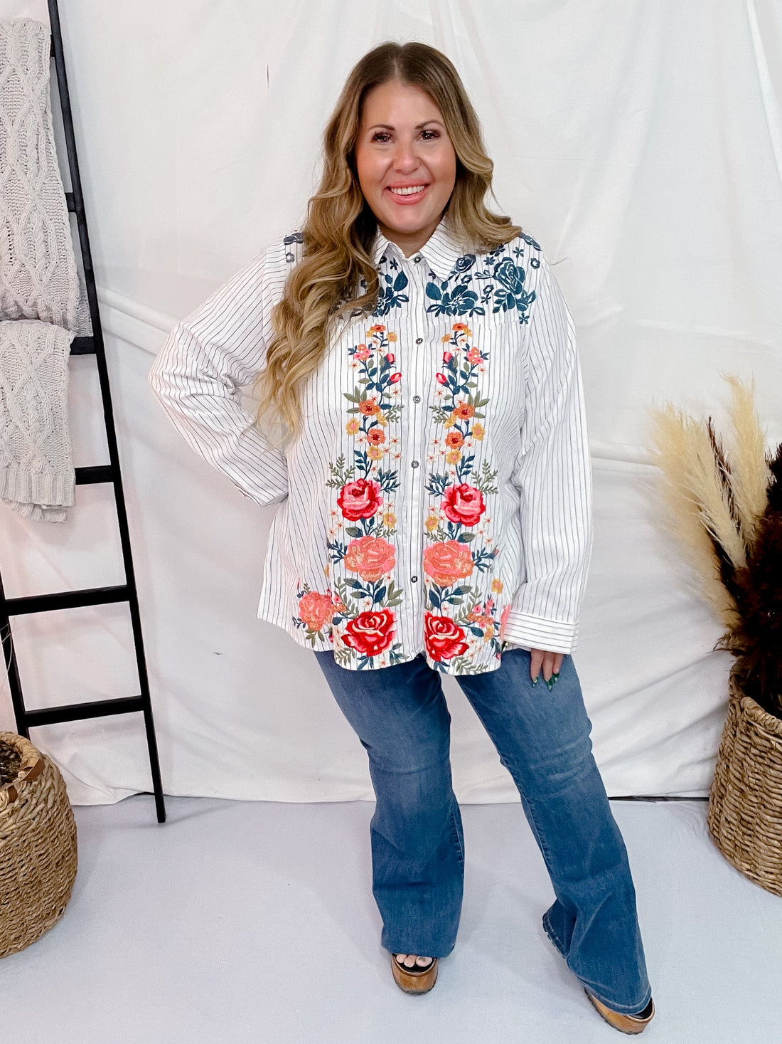 Floral Embroidered Long Sleeve Button Front Top - Whiskey Skies - ANDREE BY UNIT