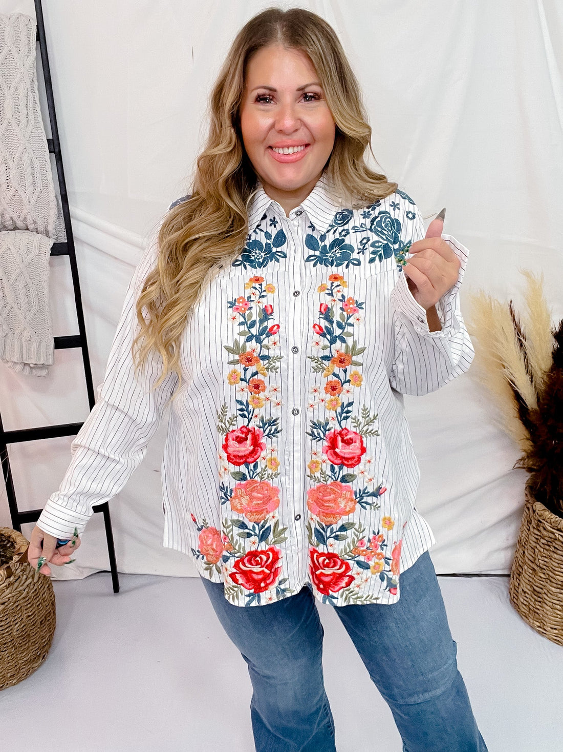 Floral Embroidered Long Sleeve Button Front Top - Whiskey Skies - ANDREE BY UNIT