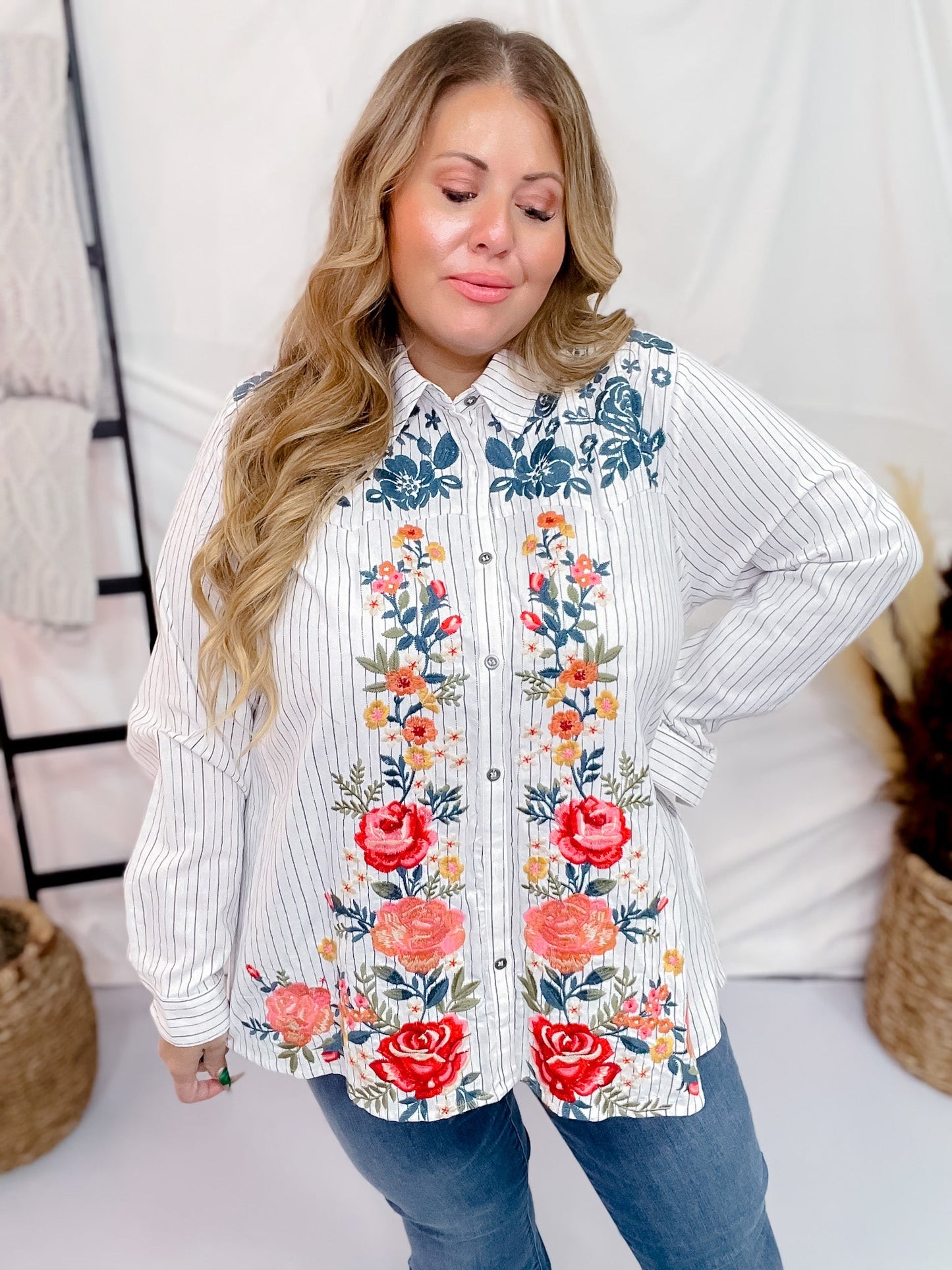 Floral Embroidered Long Sleeve Button Front Top - Whiskey Skies - ANDREE BY UNIT