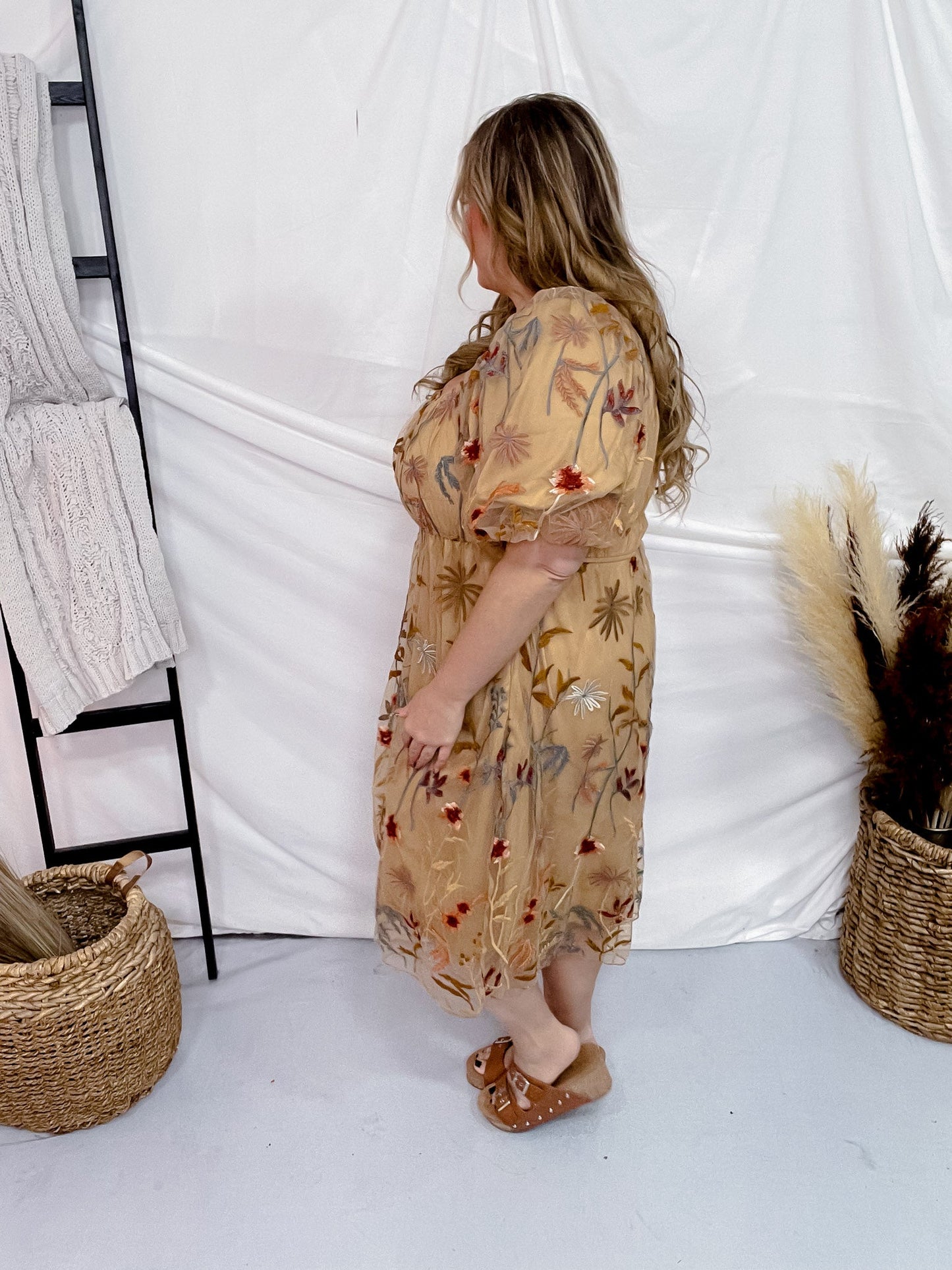 Floral Embroidered Mesh Bubble Sleeve Dress - Whiskey Skies - POLAGRAM + BAEVELY