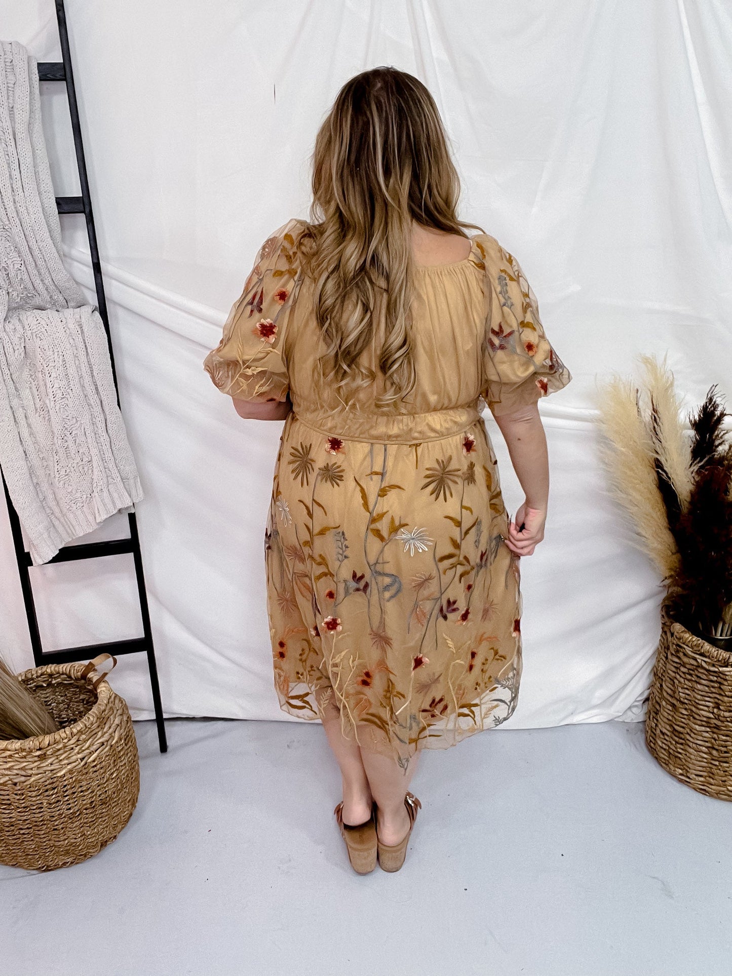 Floral Embroidered Mesh Bubble Sleeve Dress - Whiskey Skies - POLAGRAM + BAEVELY