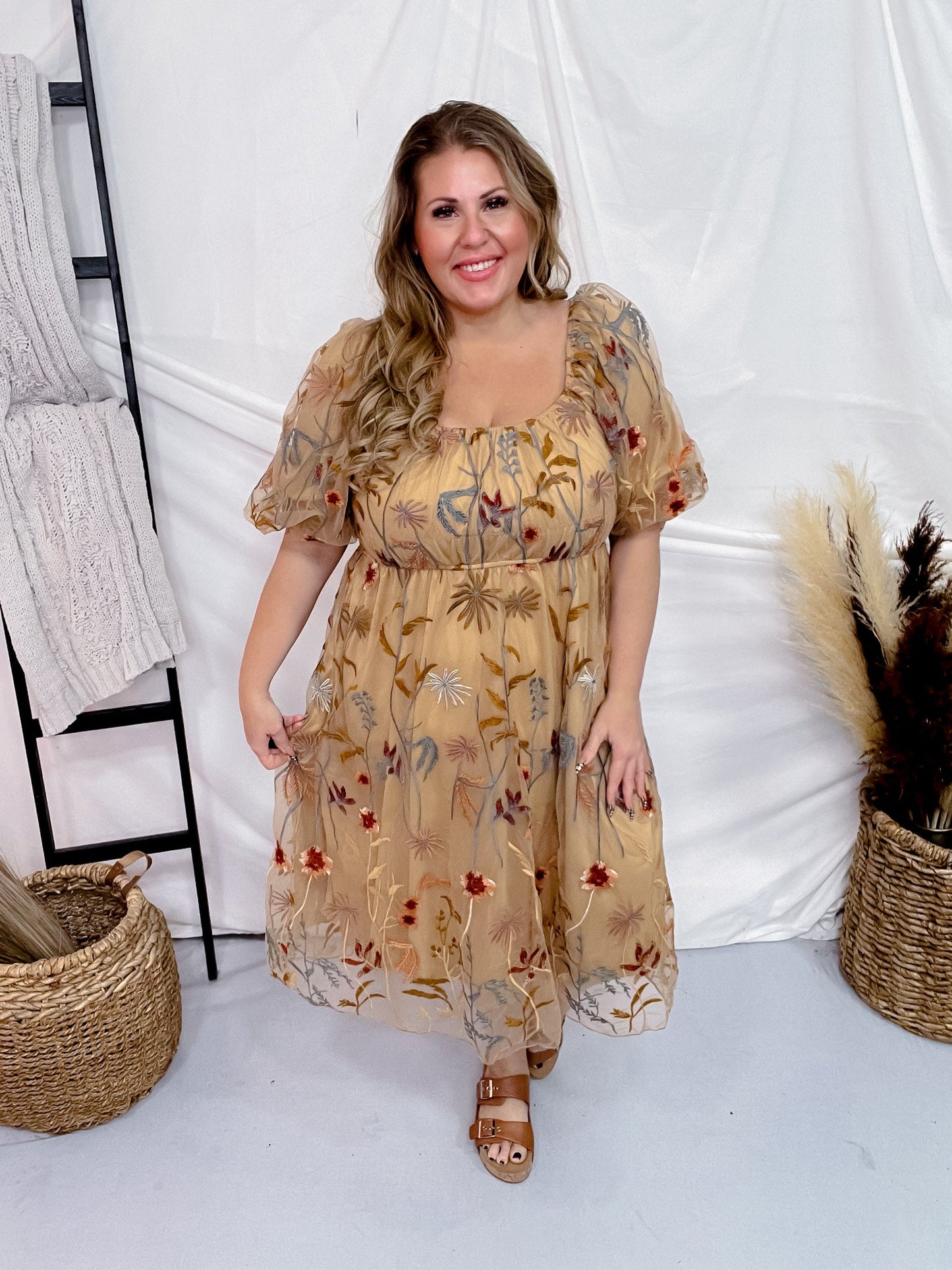 Floral Embroidered Mesh Bubble Sleeve Dress - Whiskey Skies - POLAGRAM + BAEVELY