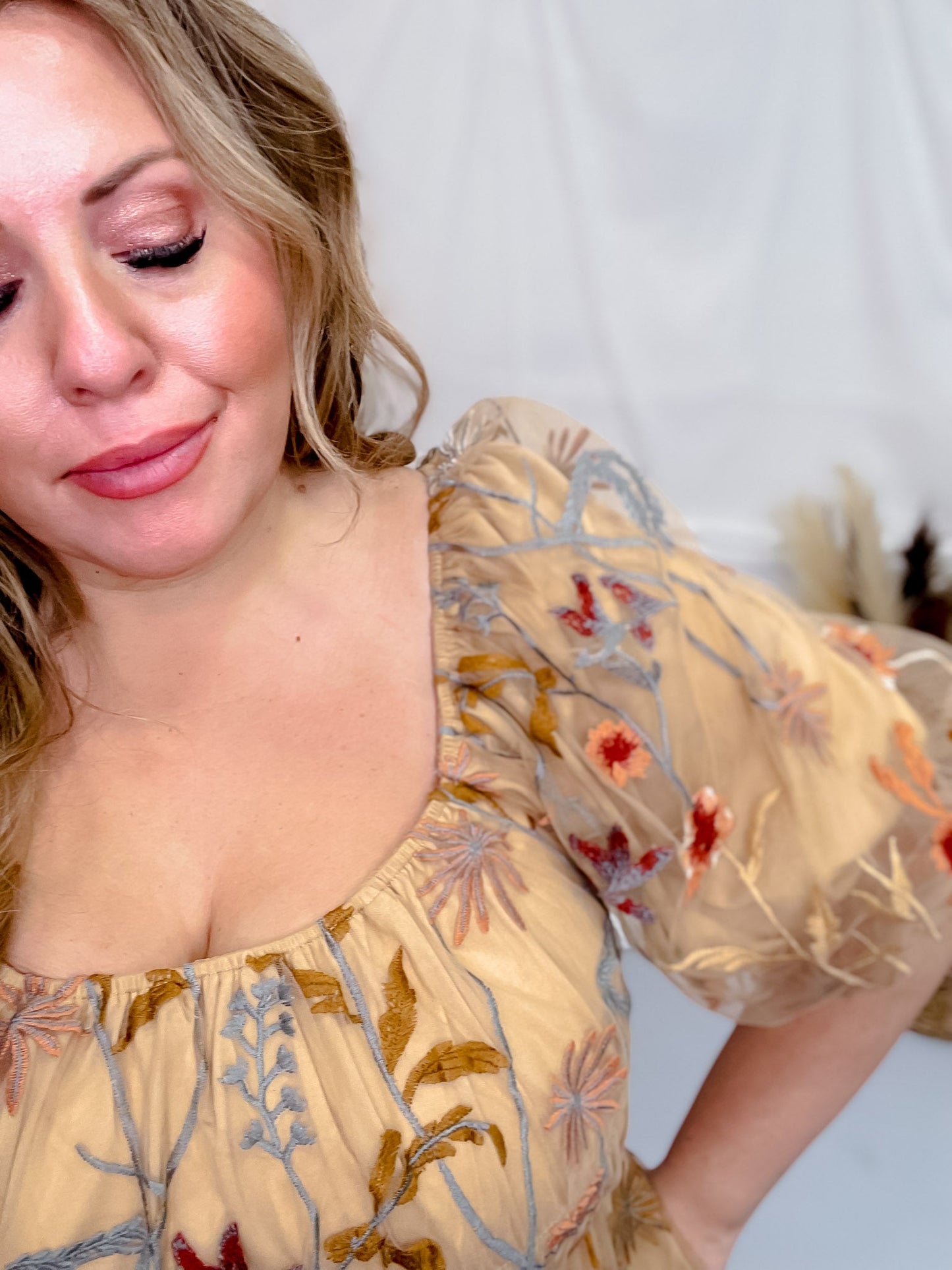 Floral Embroidered Mesh Bubble Sleeve Dress - Whiskey Skies - POLAGRAM + BAEVELY