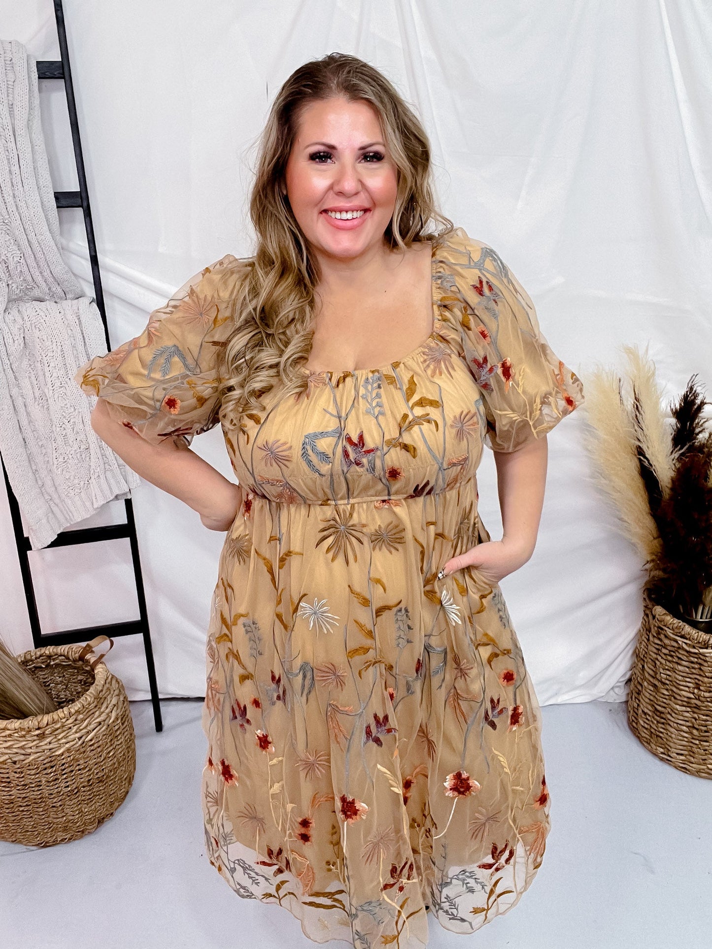 Floral Embroidered Mesh Bubble Sleeve Dress - Whiskey Skies - POLAGRAM + BAEVELY