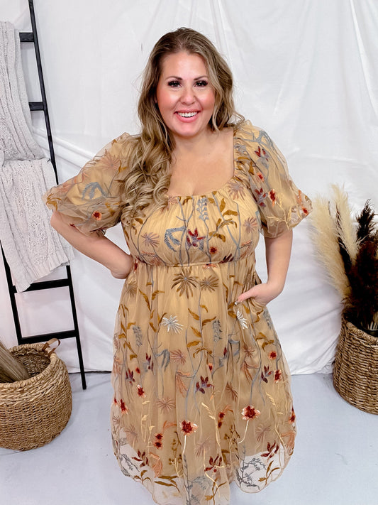 Floral Embroidered Mesh Bubble Sleeve Dress - Whiskey Skies - POLAGRAM + BAEVELY