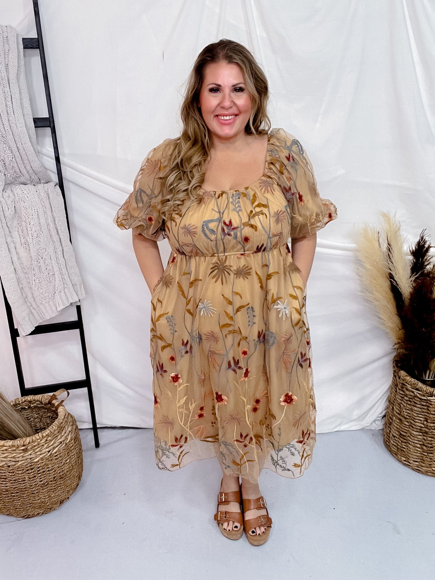Floral Embroidered Mesh Bubble Sleeve Dress - Whiskey Skies - POLAGRAM + BAEVELY
