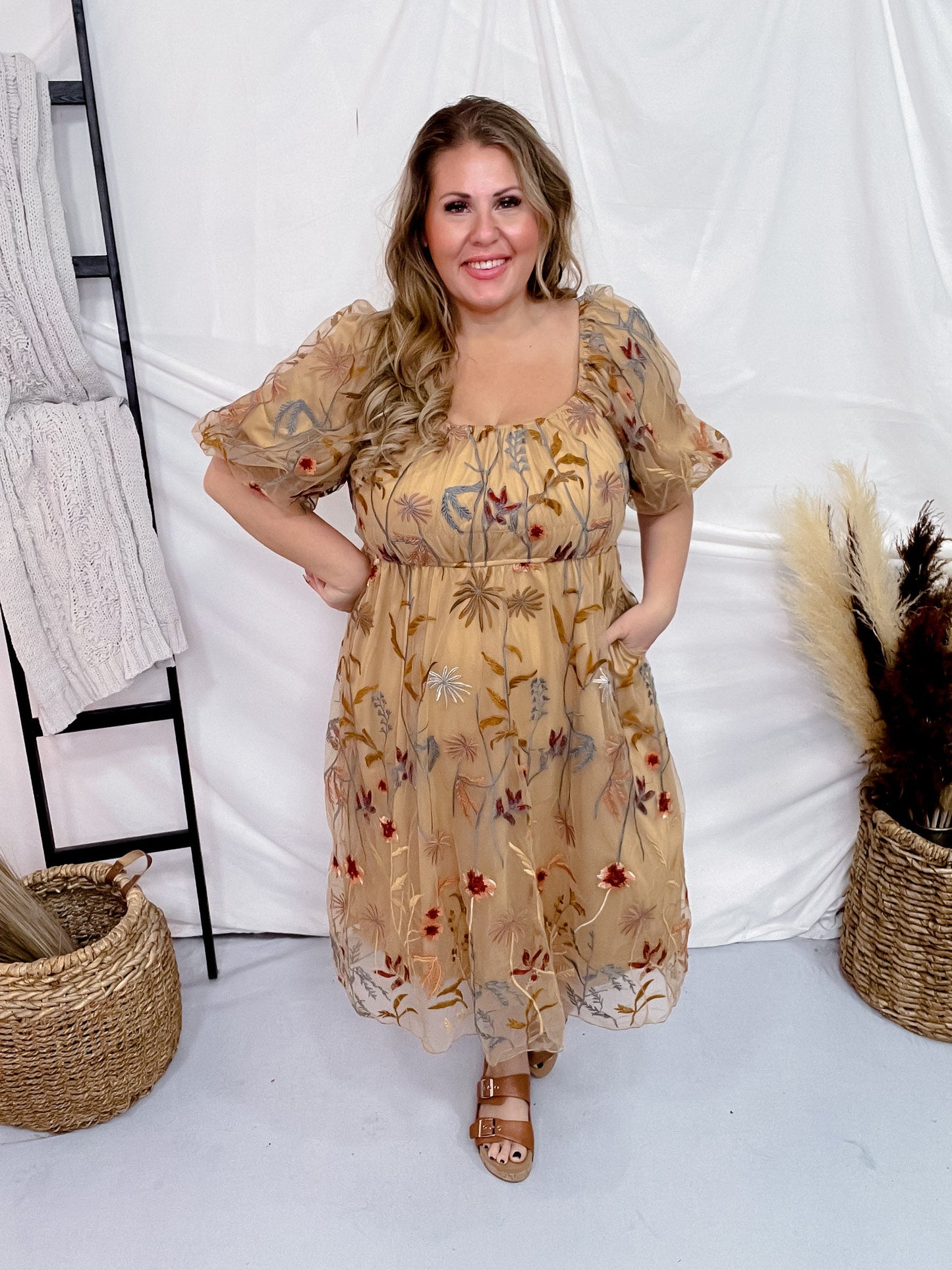 Floral Embroidered Mesh Bubble Sleeve Dress - Whiskey Skies - POLAGRAM + BAEVELY