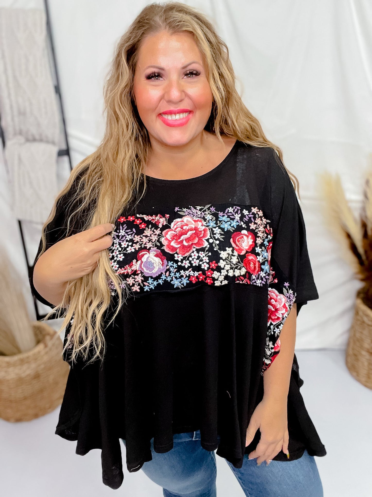 Floral Embroidered Poncho Tunic Top - Whiskey Skies - ANDREE BY UNIT