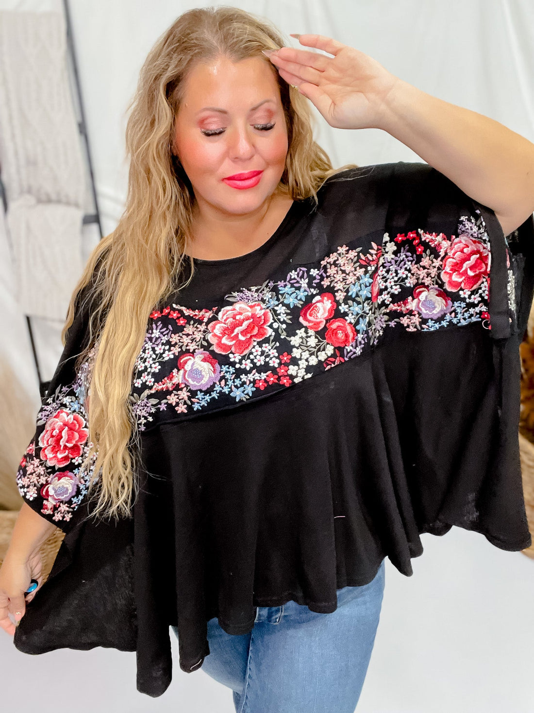 Floral Embroidered Poncho Tunic Top - Whiskey Skies - ANDREE BY UNIT