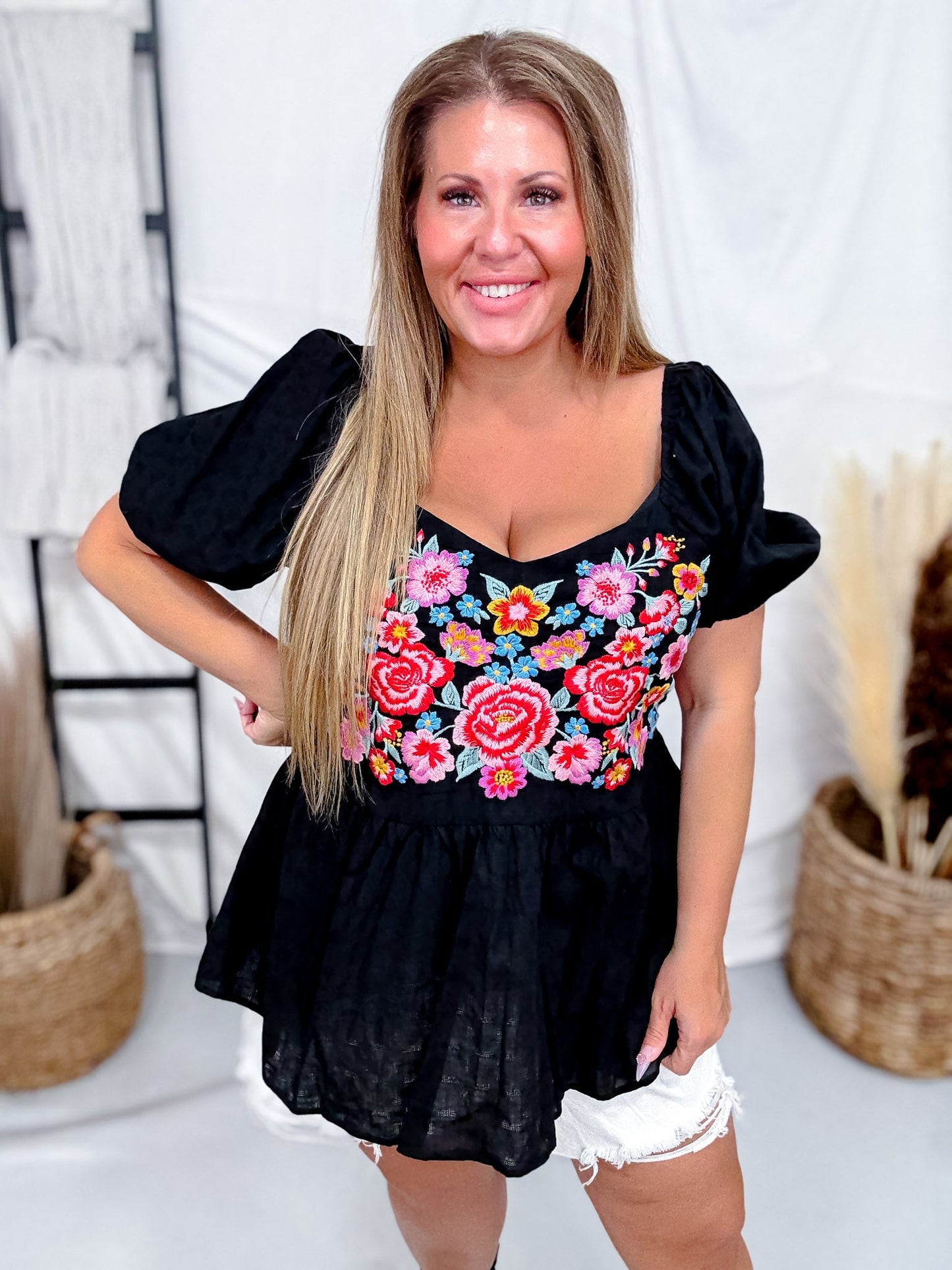 Floral Embroidered Puff Sleeve Babydoll Top - Whiskey Skies - ANDREE BY UNIT