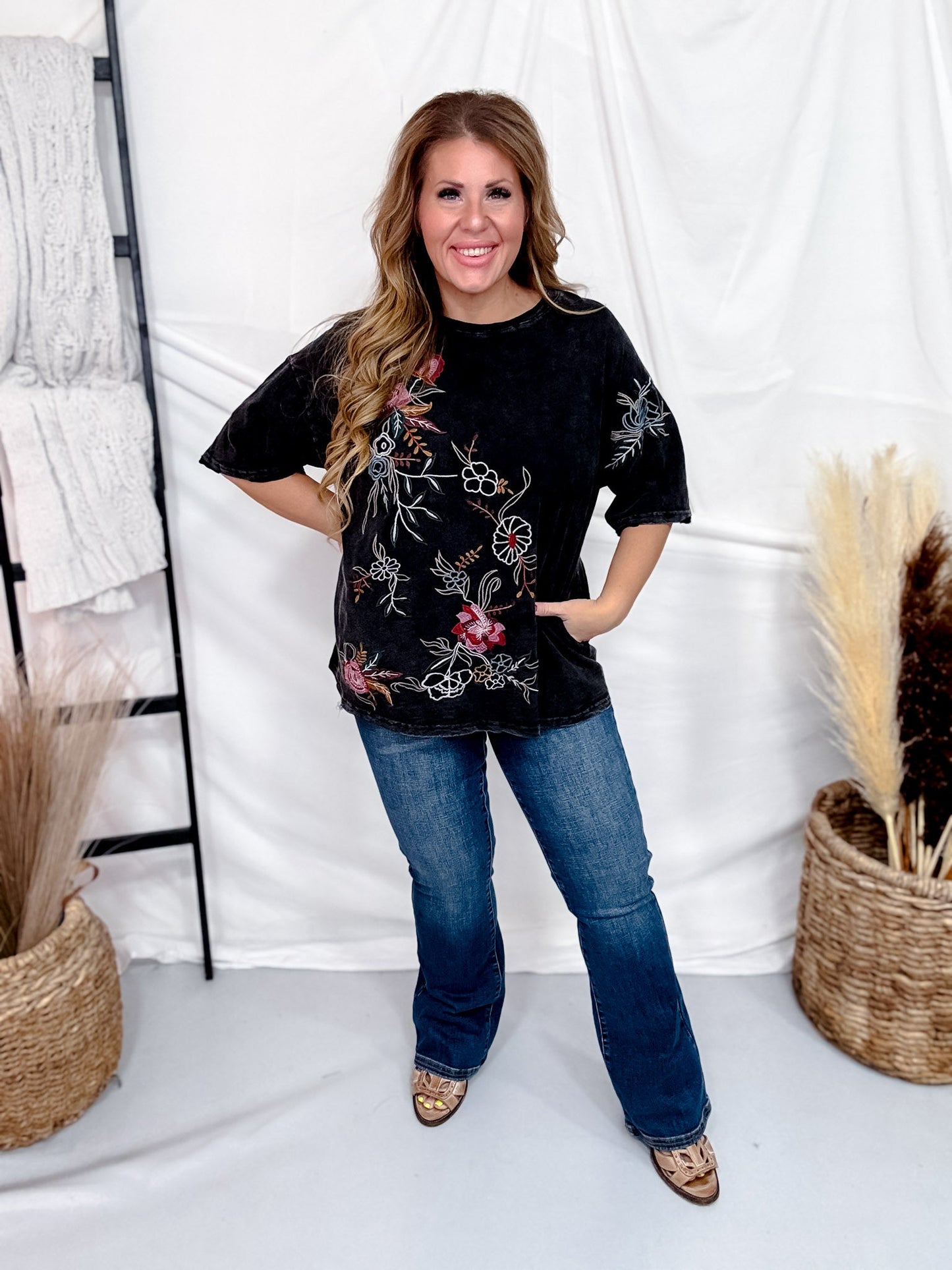 Floral Embroidered Short Sleeve Top - Whiskey Skies - BLUEVELVET