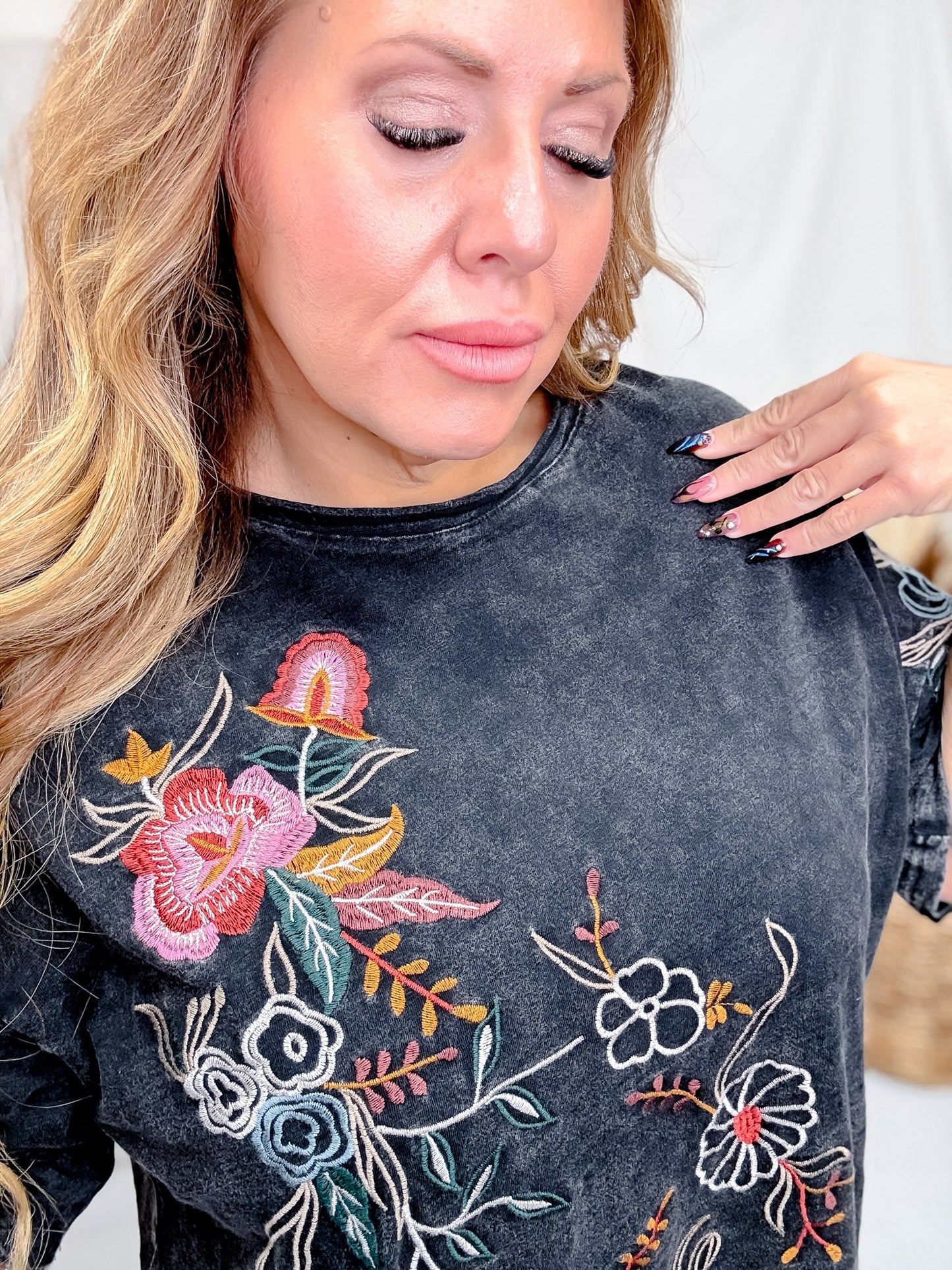 Floral Embroidered Short Sleeve Top - Whiskey Skies - BLUEVELVET