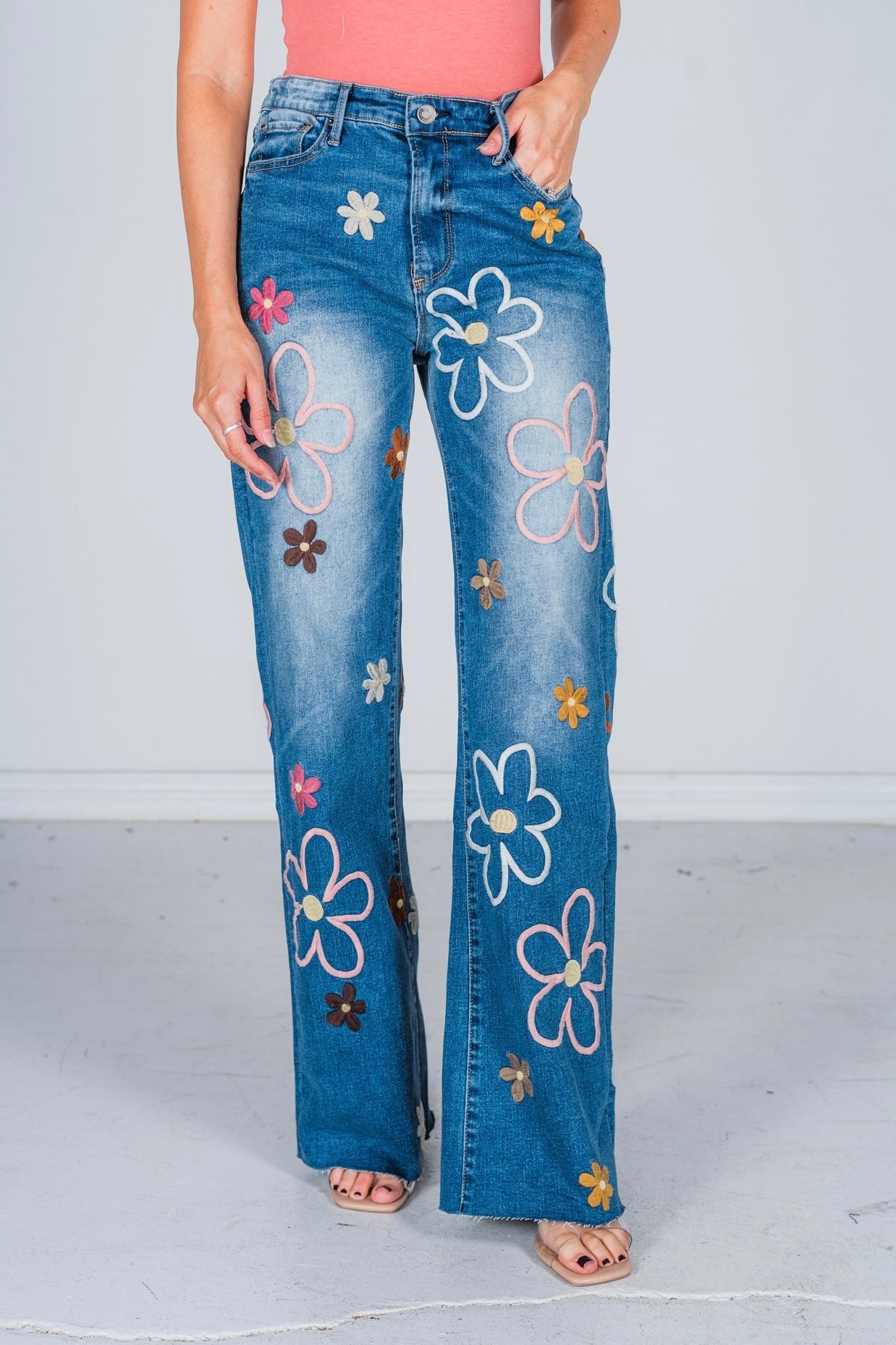 Floral Embroidered Straight Leg Jeans - Whiskey Skies - OLI & HALI