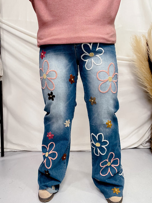 Floral Embroidered Straight Leg Jeans - Whiskey Skies - OLI & HALI