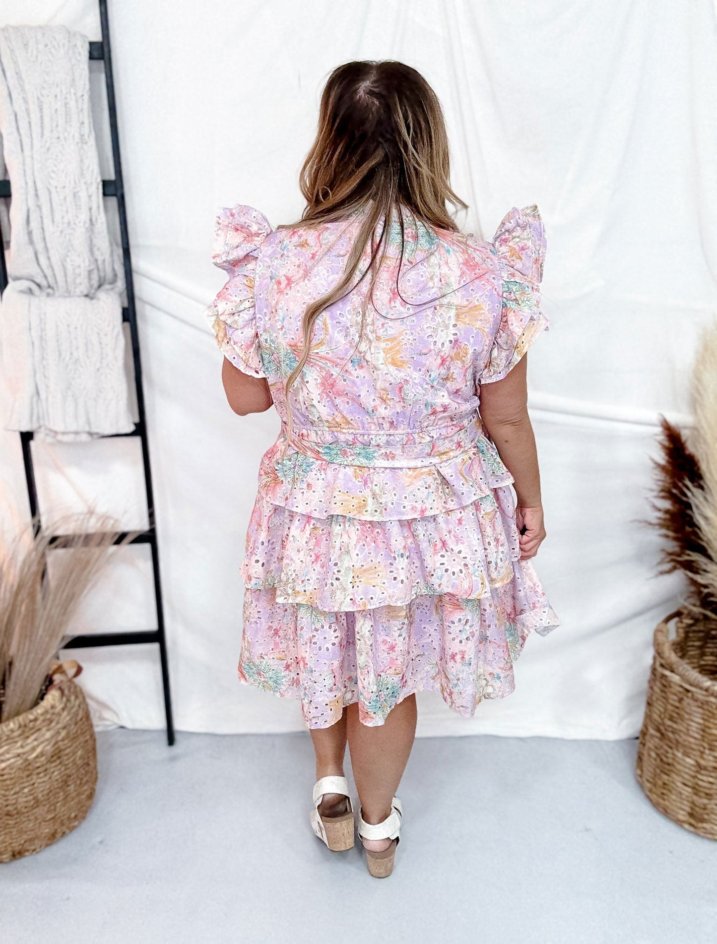 Floral Eyelet Lace Tiered Dress - Whiskey Skies - GEEGEE