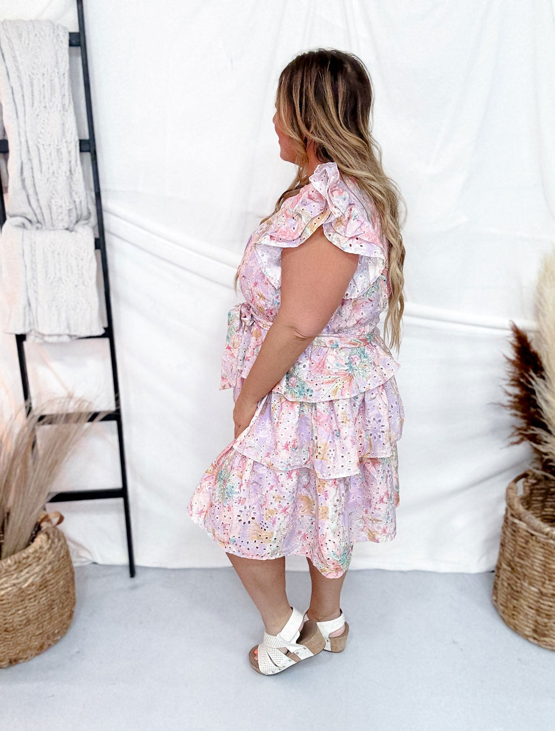 Floral Eyelet Lace Tiered Dress - Whiskey Skies - GEEGEE