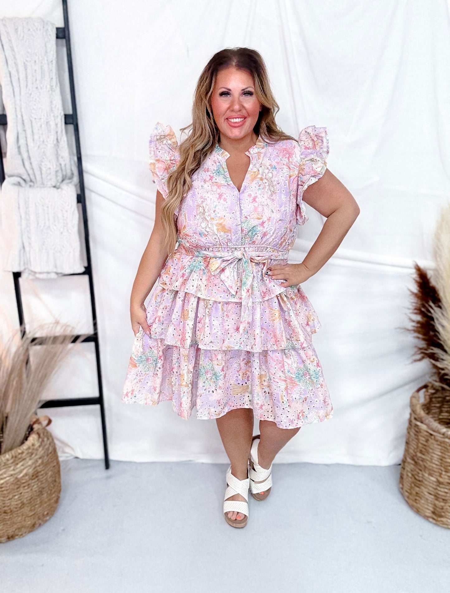 Floral Eyelet Lace Tiered Dress - Whiskey Skies - GEEGEE