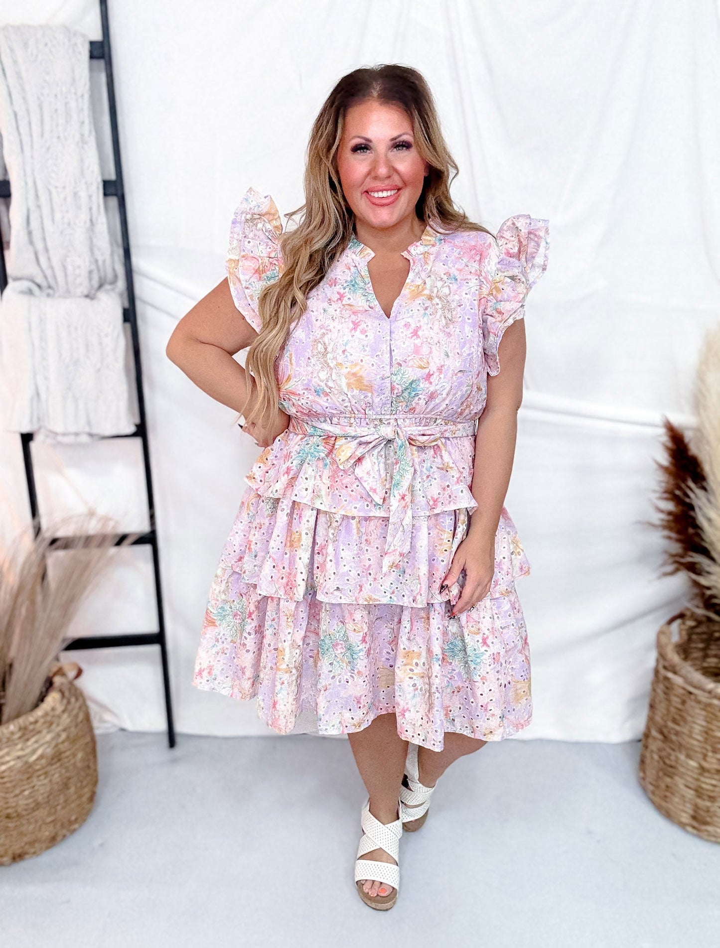 Floral Eyelet Lace Tiered Dress - Whiskey Skies - GEEGEE