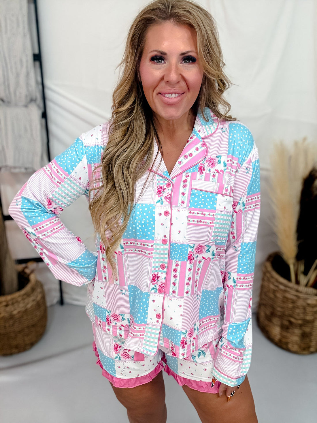 Floral Heirloom Patchwork Long Sleeve Top W/ Shorts Pajama Set - Whiskey Skies - JESS LEA