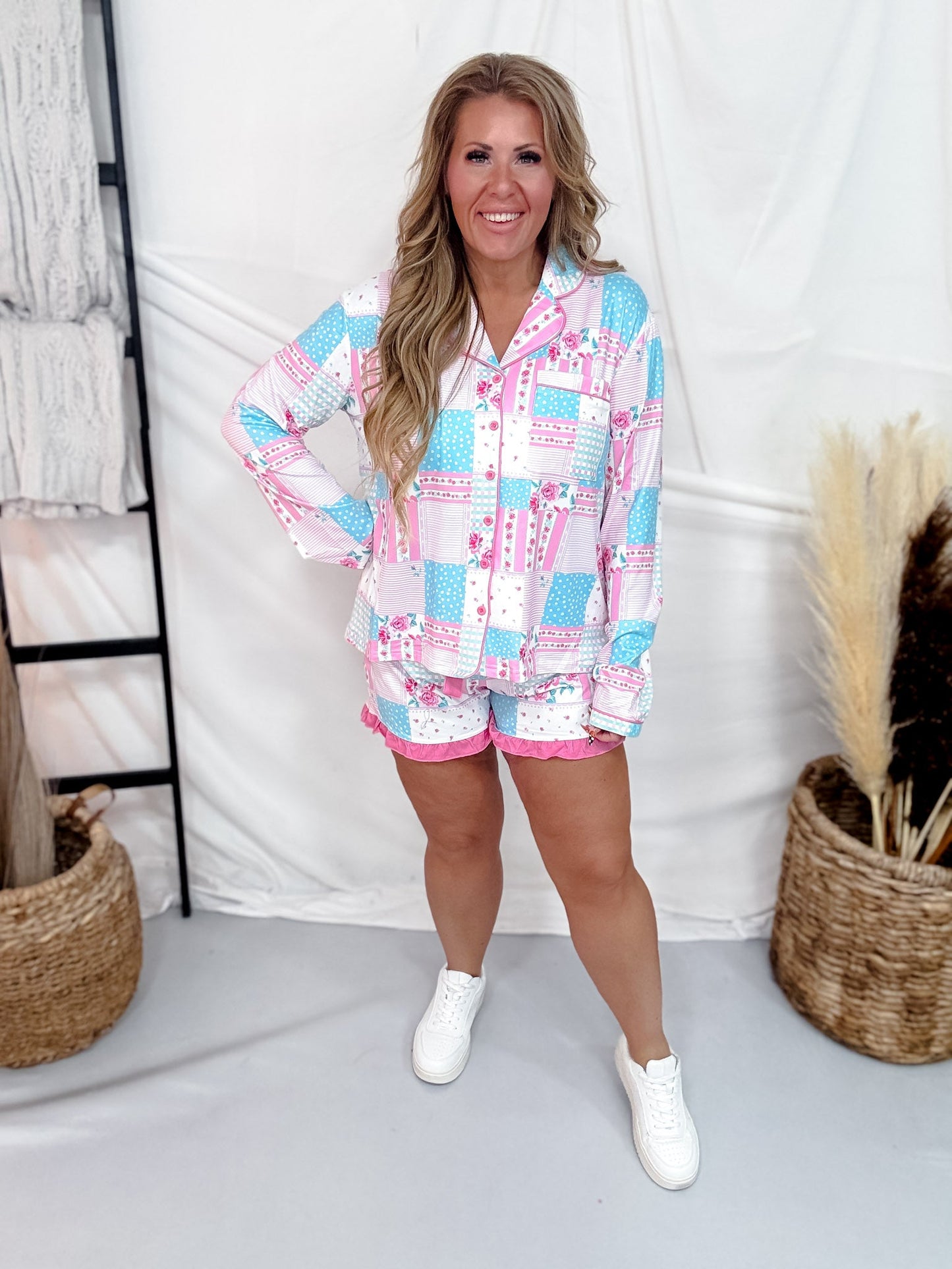 Floral Heirloom Patchwork Long Sleeve Top W/ Shorts Pajama Set - Whiskey Skies - JESS LEA