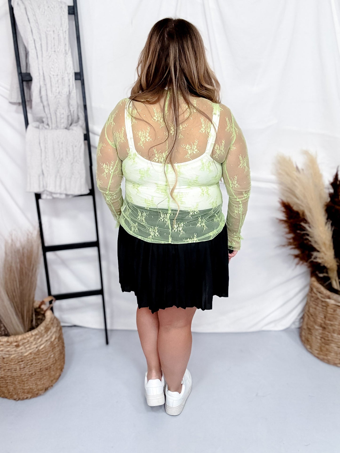 Floral Lace High Neck Mesh Top in Lime Green - Whiskey Skies - SWEET GENERIS