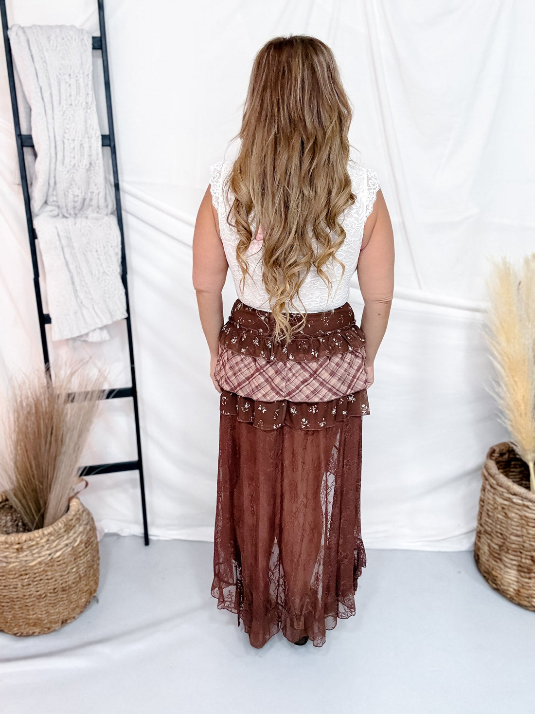 Floral & Lace Tiered Maxi Skirt - Whiskey Skies - POLAGRAM + BAEVELY