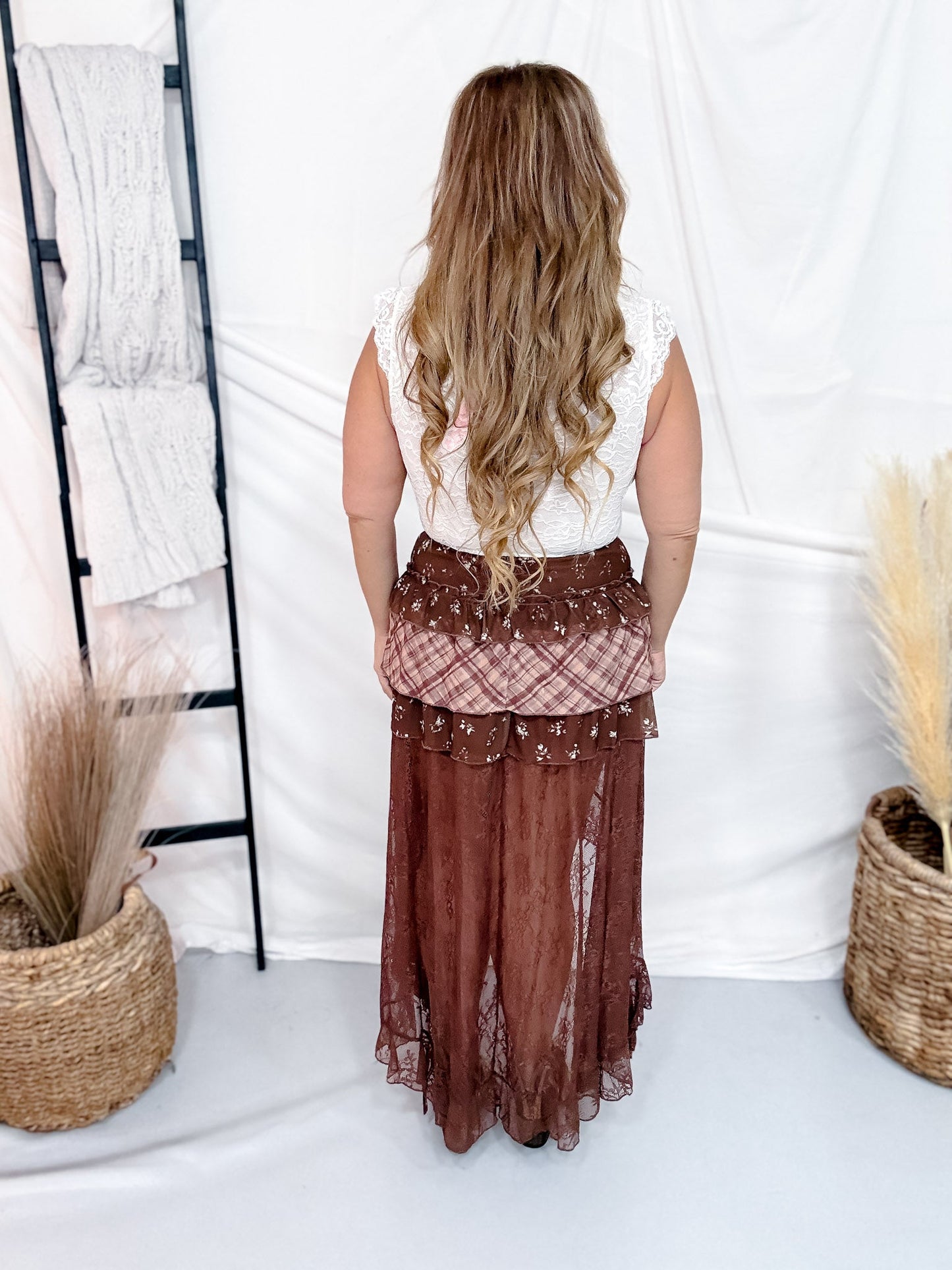 Floral & Lace Tiered Maxi Skirt - Whiskey Skies - POLAGRAM + BAEVELY