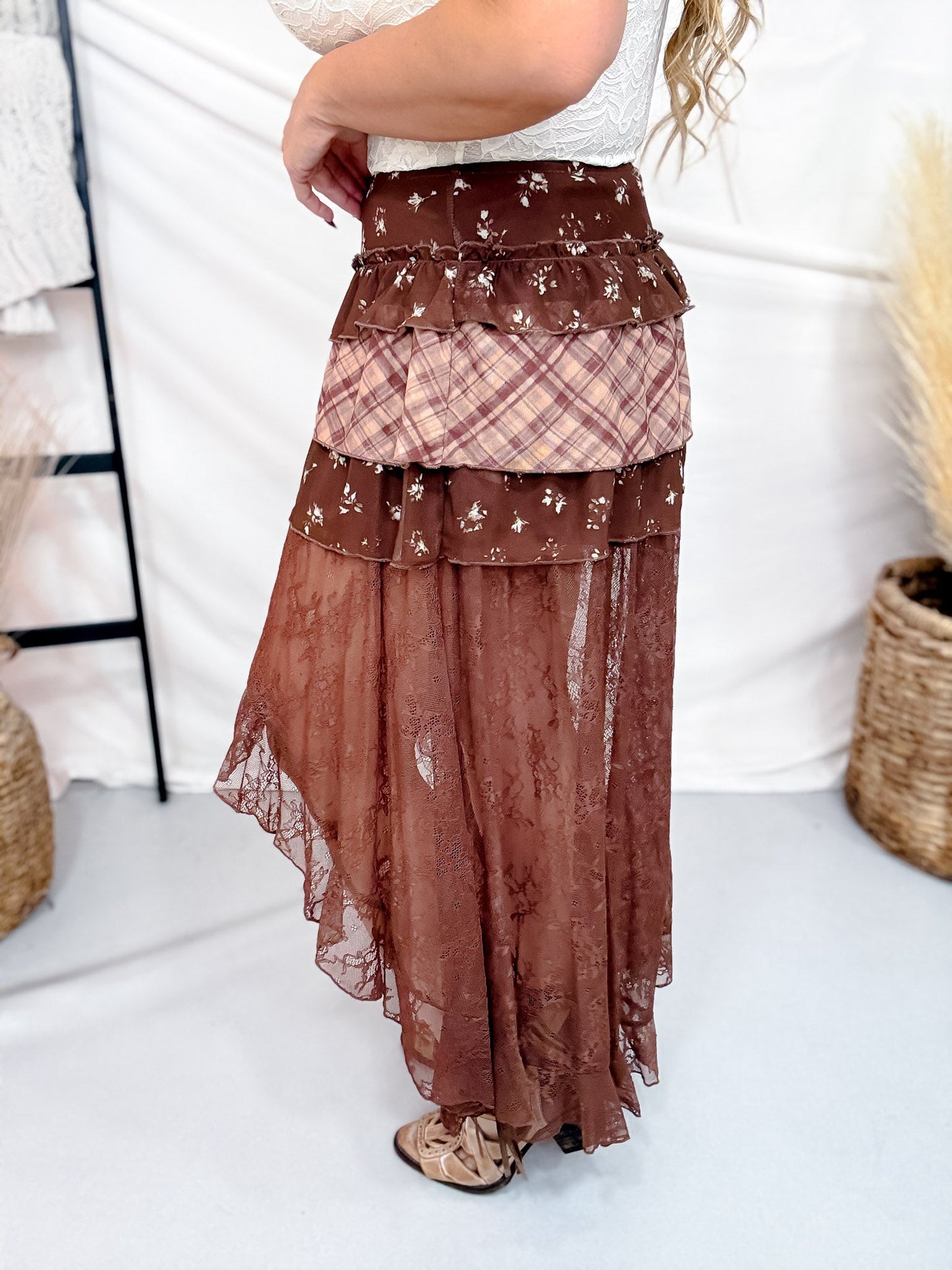 Floral & Lace Tiered Maxi Skirt - Whiskey Skies - POLAGRAM + BAEVELY