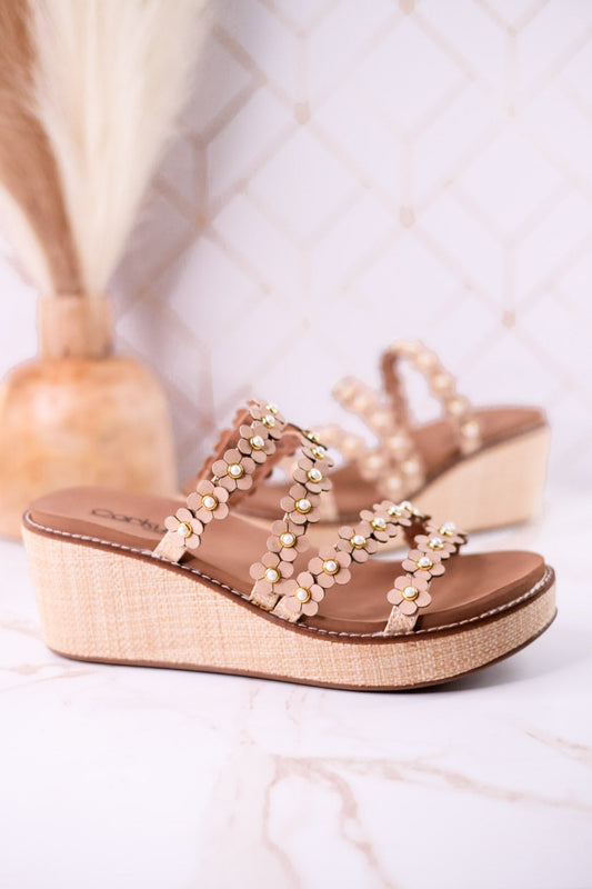Floral "Let's Be Friends" Raffia Wedge Sandals - Whiskey Skies - CORKYS FOOTWEAR