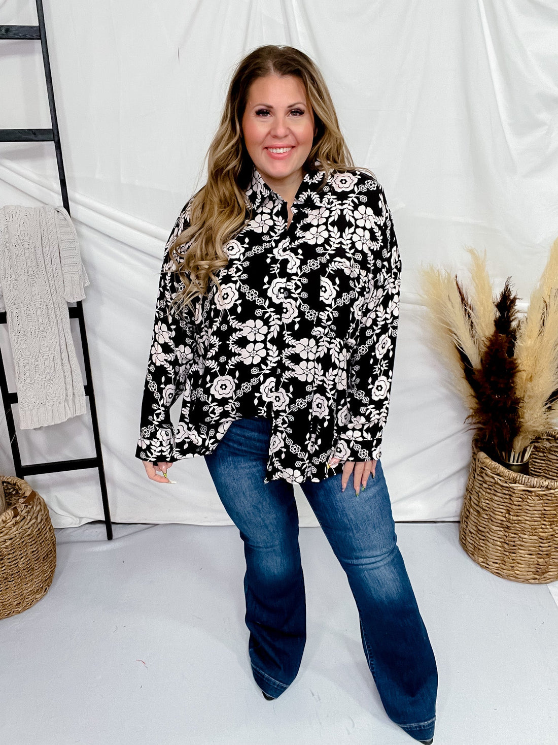 Floral Long Sleeve Button Down Blouse - Whiskey Skies - ANDREE BY UNIT