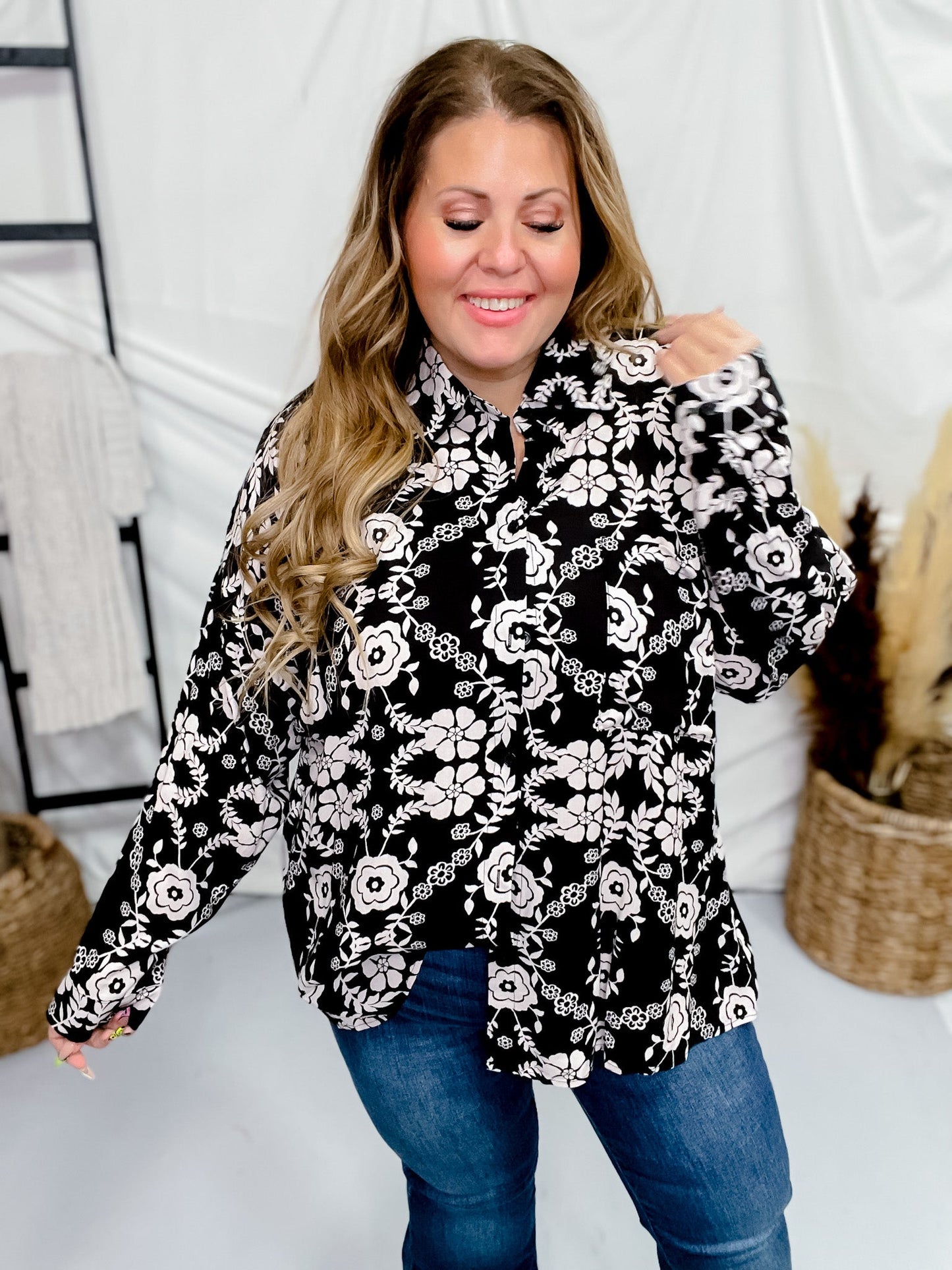 Floral Long Sleeve Button Down Blouse - Whiskey Skies - ANDREE BY UNIT